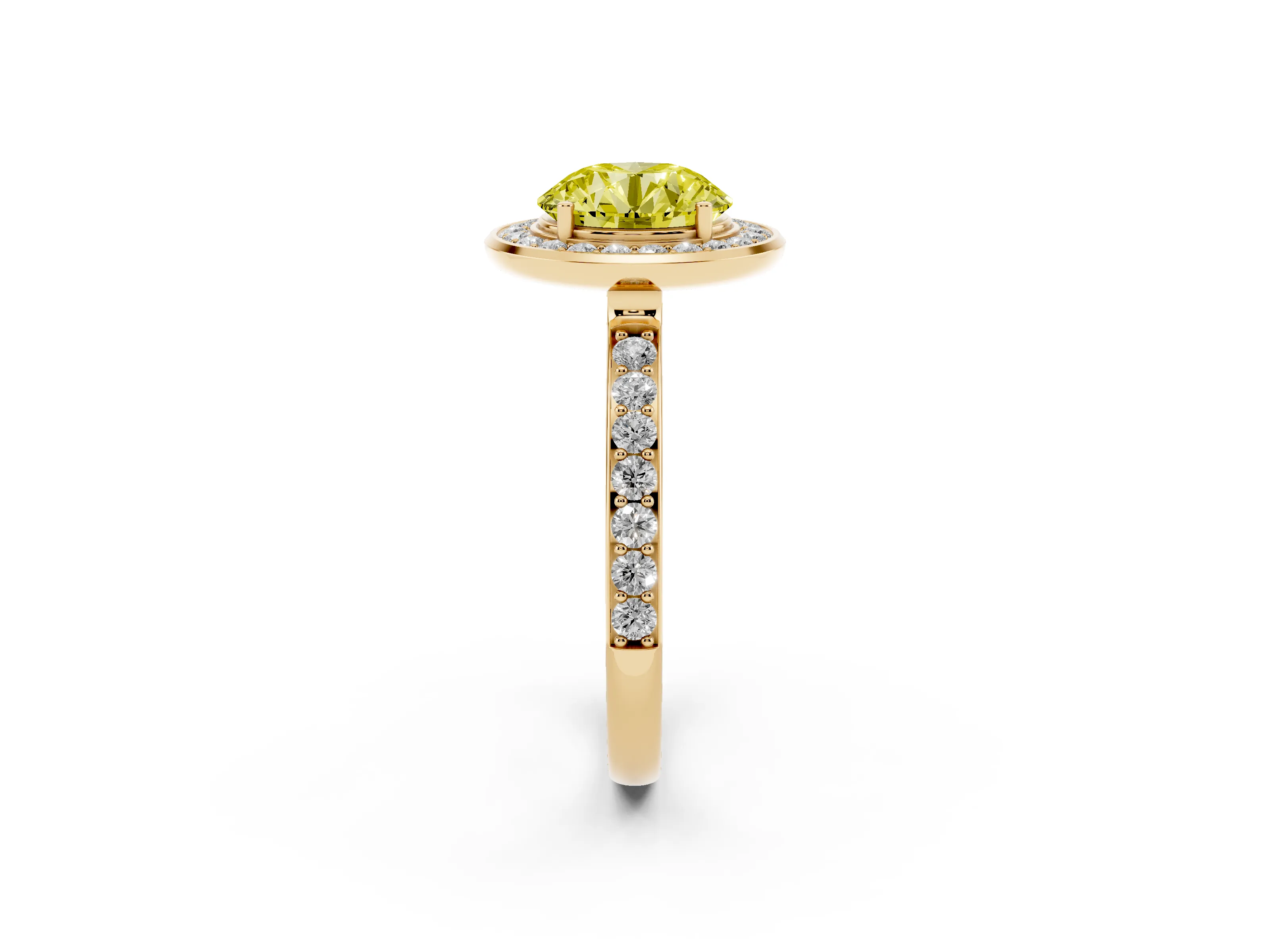 Fancy Yellow Round Cut Diamond Halo Ring Set in Yellow gold with Bezel Frame and Pavé Band