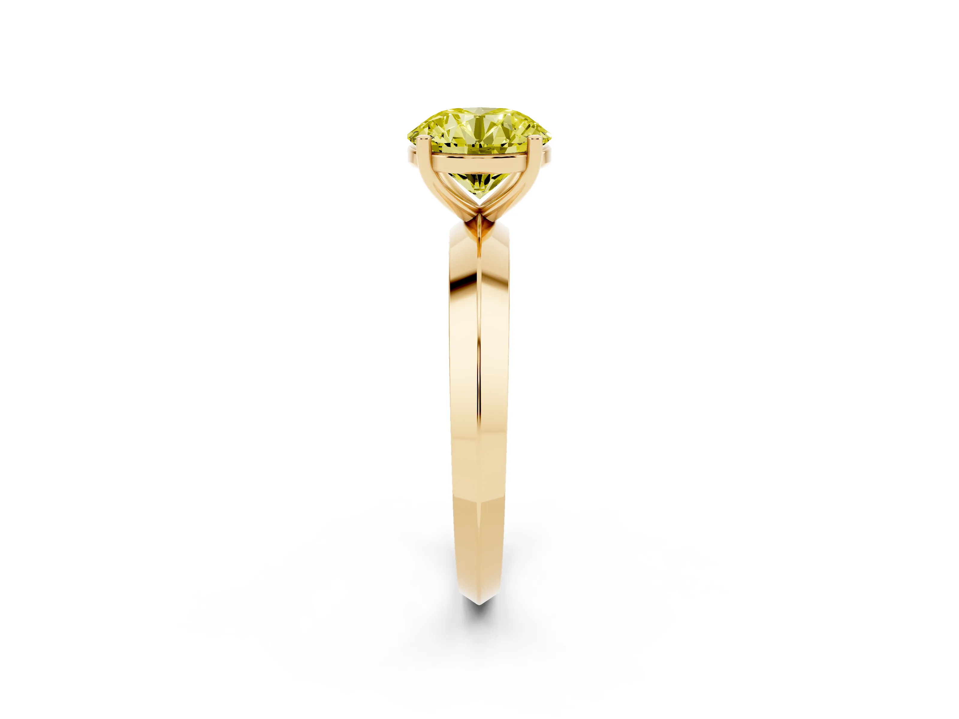 Fancy Yellow Round Cut Diamond Solitaire Engagement Ring Set in Yellow gold with Flat Band and Prong Setting