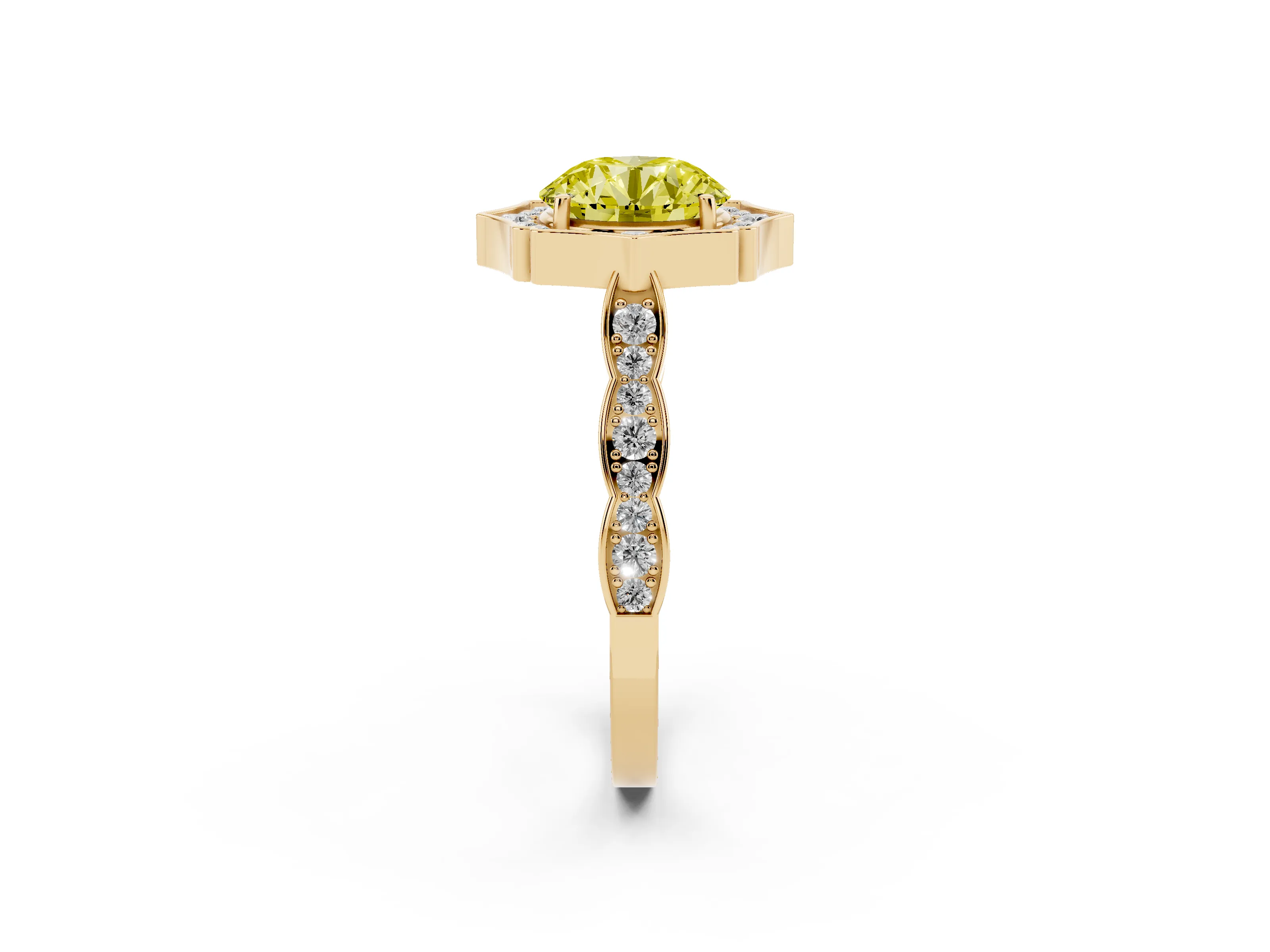Fancy Yellow Round Cut Diamond Halo Engagement Ring Set in Yellow gold with Milgrain Band and Prong Setting