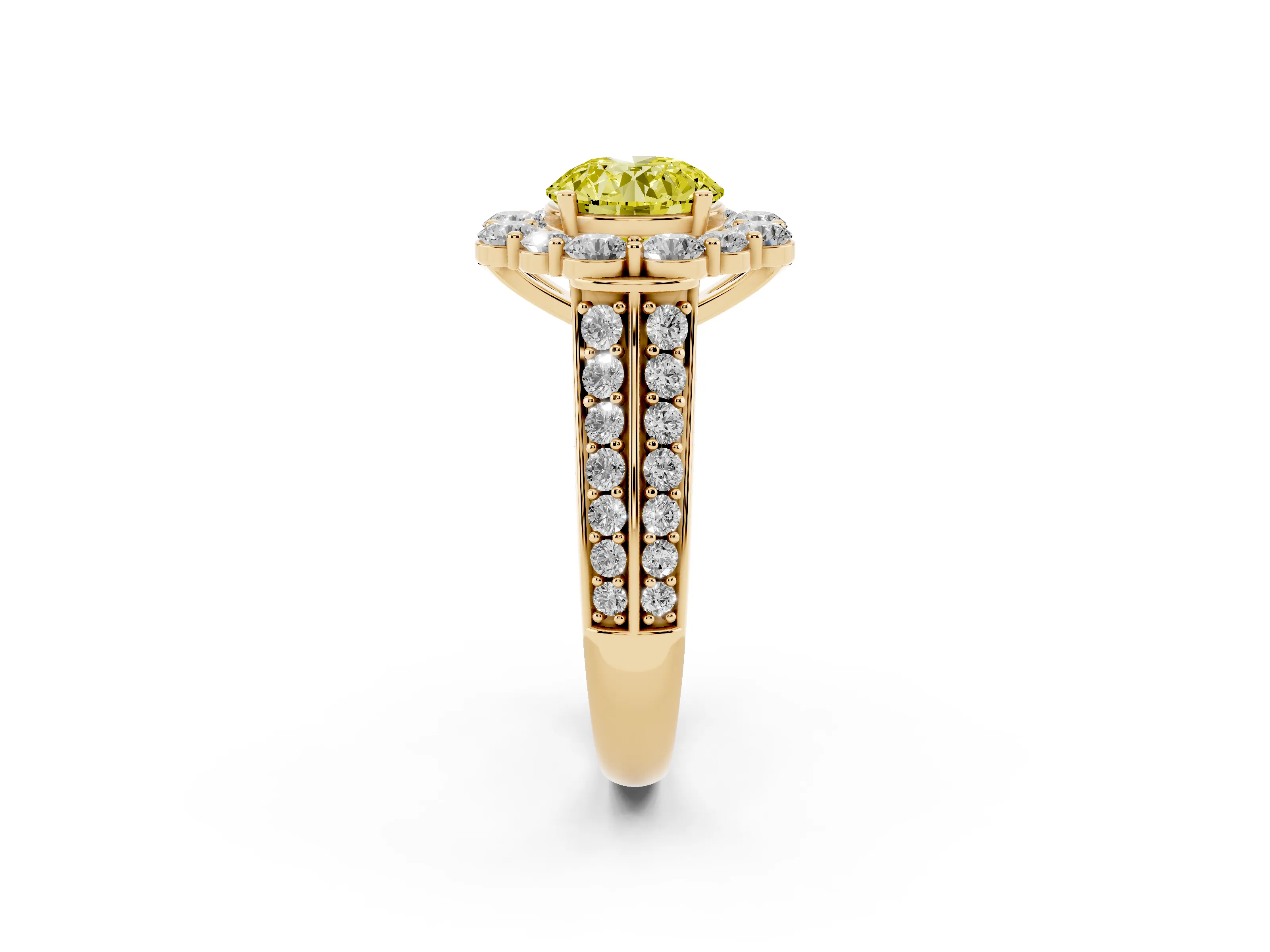 Fancy Yellow Round Cut Diamond Halo Engagement Ring Set in Yellow gold with Split Shank and Prong Setting