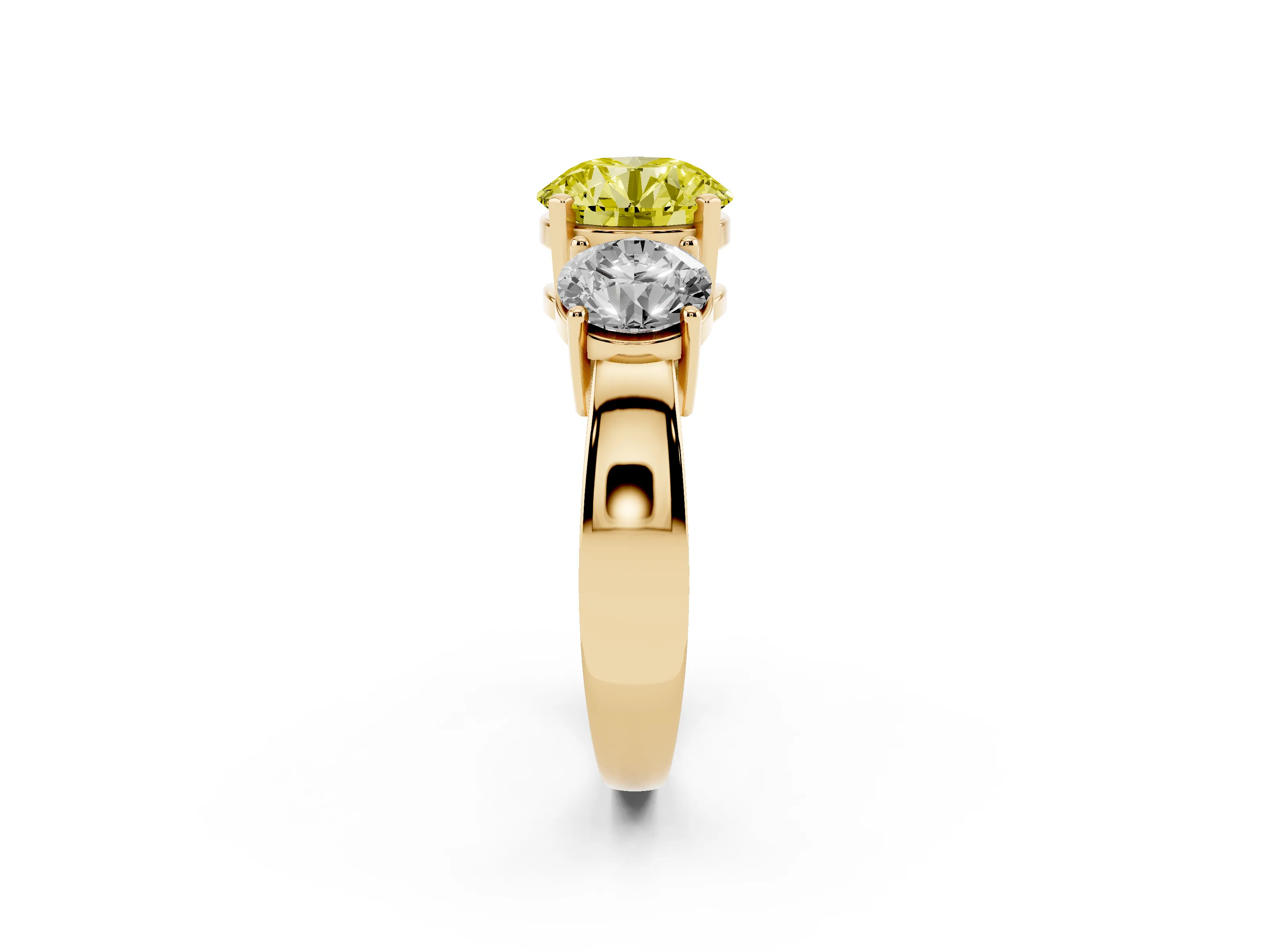Fancy Yellow Round Cut Diamond Three-Stone Ring Set in Yellow gold with Round Side Stones and Classic Band