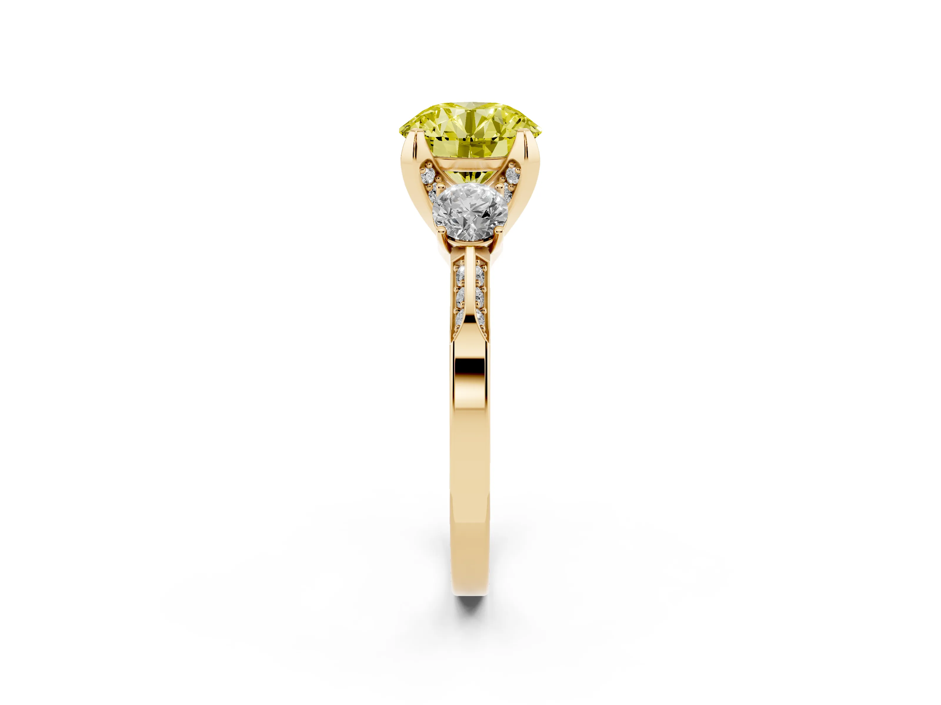 Fancy Yellow Round Cut Diamond Three-Stone Ring Set in Yellow gold with Pavé Band and Smaller Side Stones