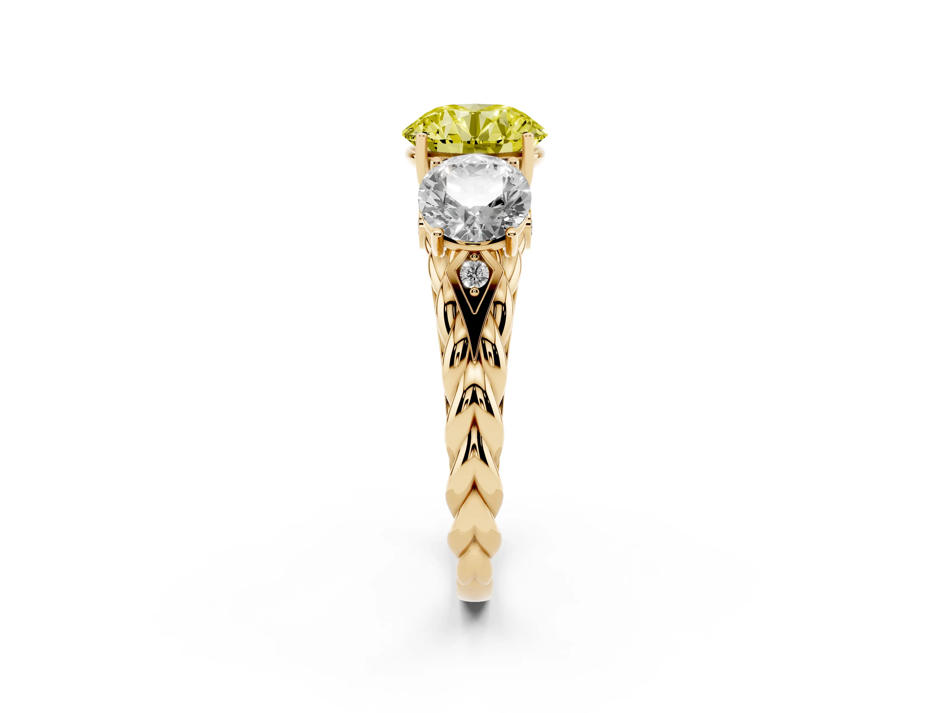 Fancy Yellow Round Cut Diamond Three-Stone Ring Set in Yellow gold with Braided Band