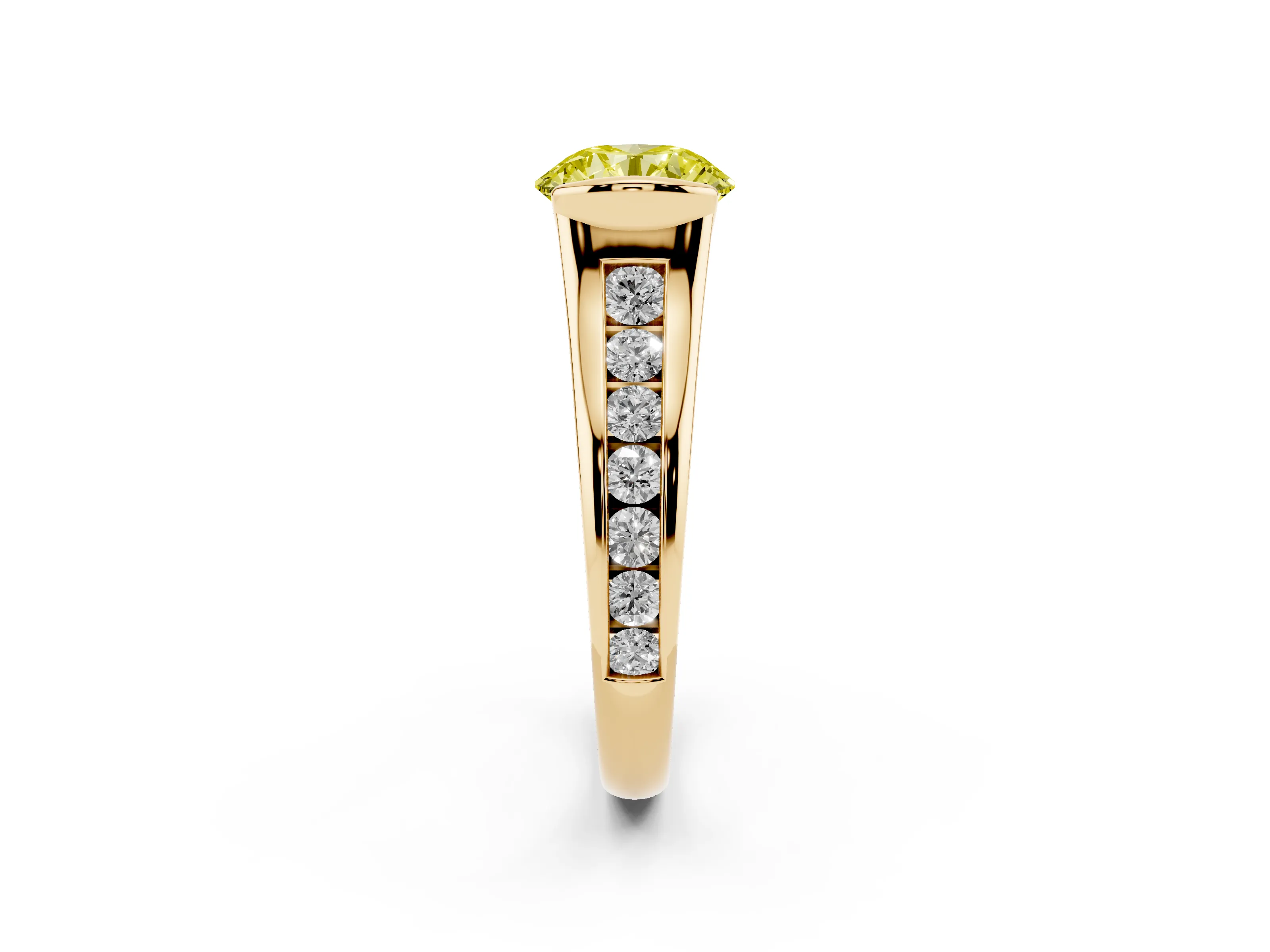Fancy Yellow Round Cut Diamond Bezel-Set Solitaire Ring Set in Yellow gold with Channel-Set Band