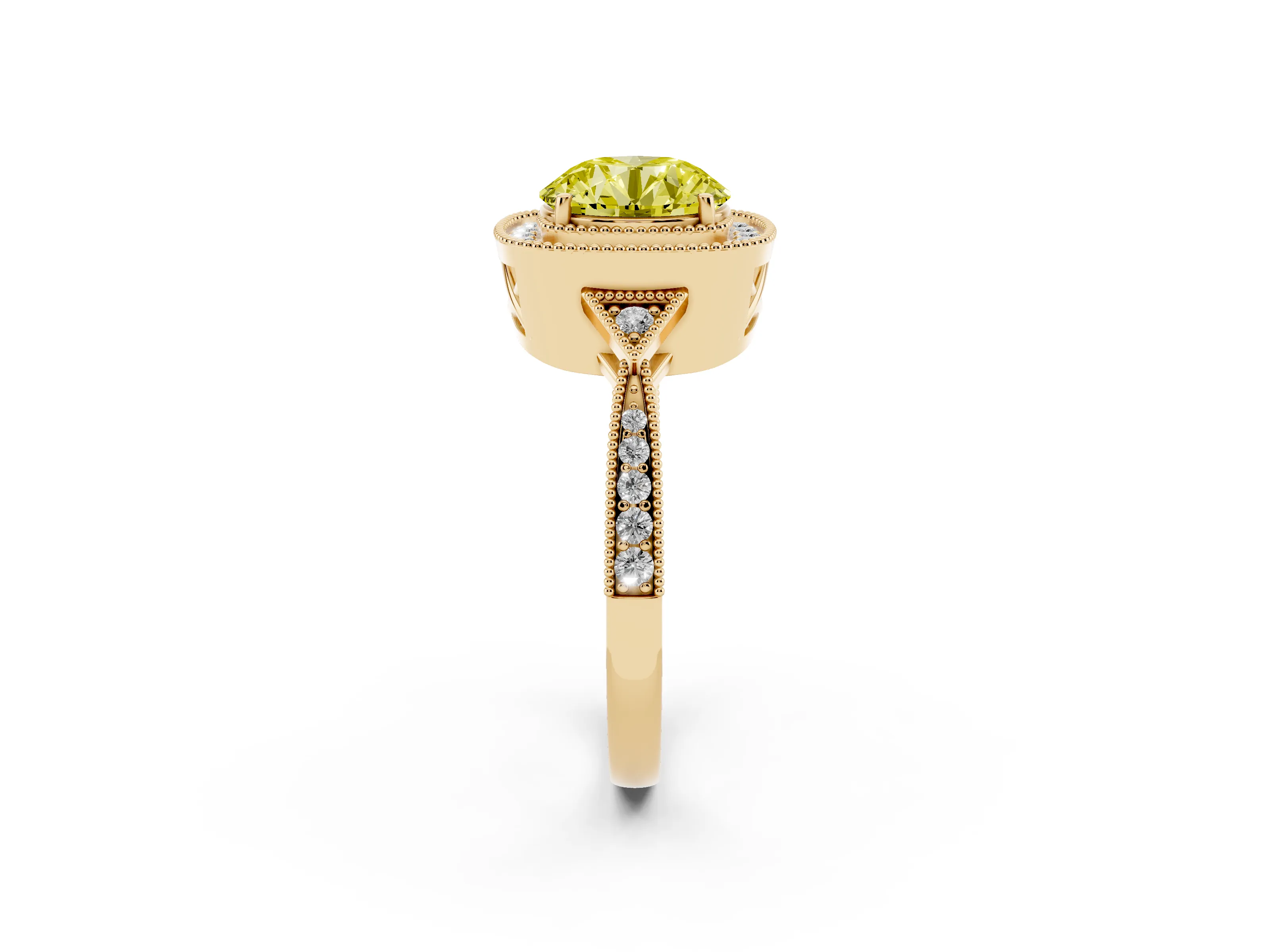 Fancy Yellow Round Cut Diamond Halo Engagement Ring Set in Yellow gold with Milgrain Pavé Band