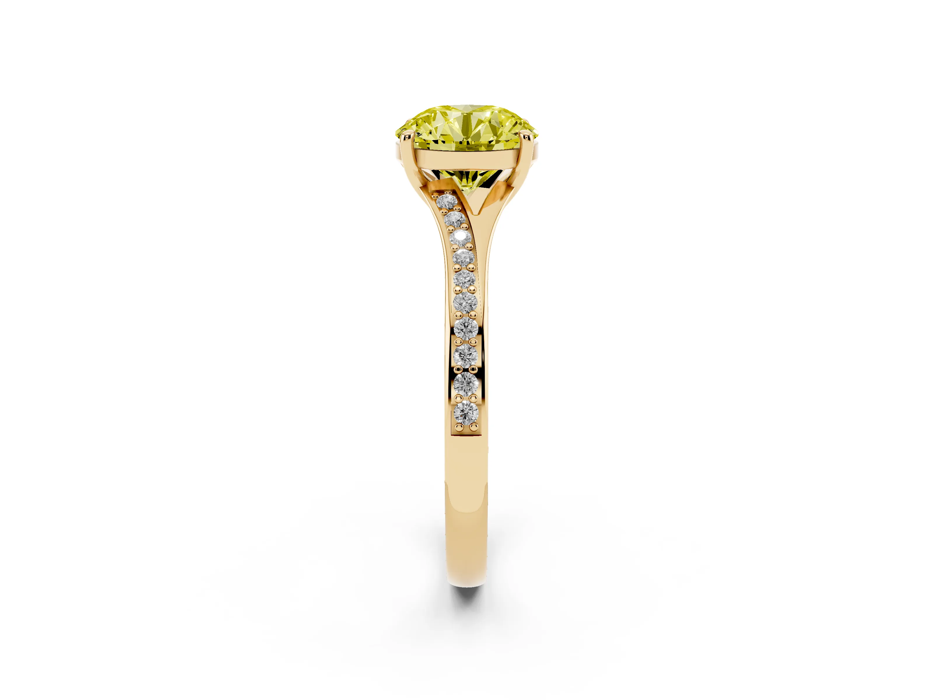 Fancy Yellow Round Cut Diamond Solitaire Ring Set in Yellow gold with Pavé Accent Band and Classic Prong Setting