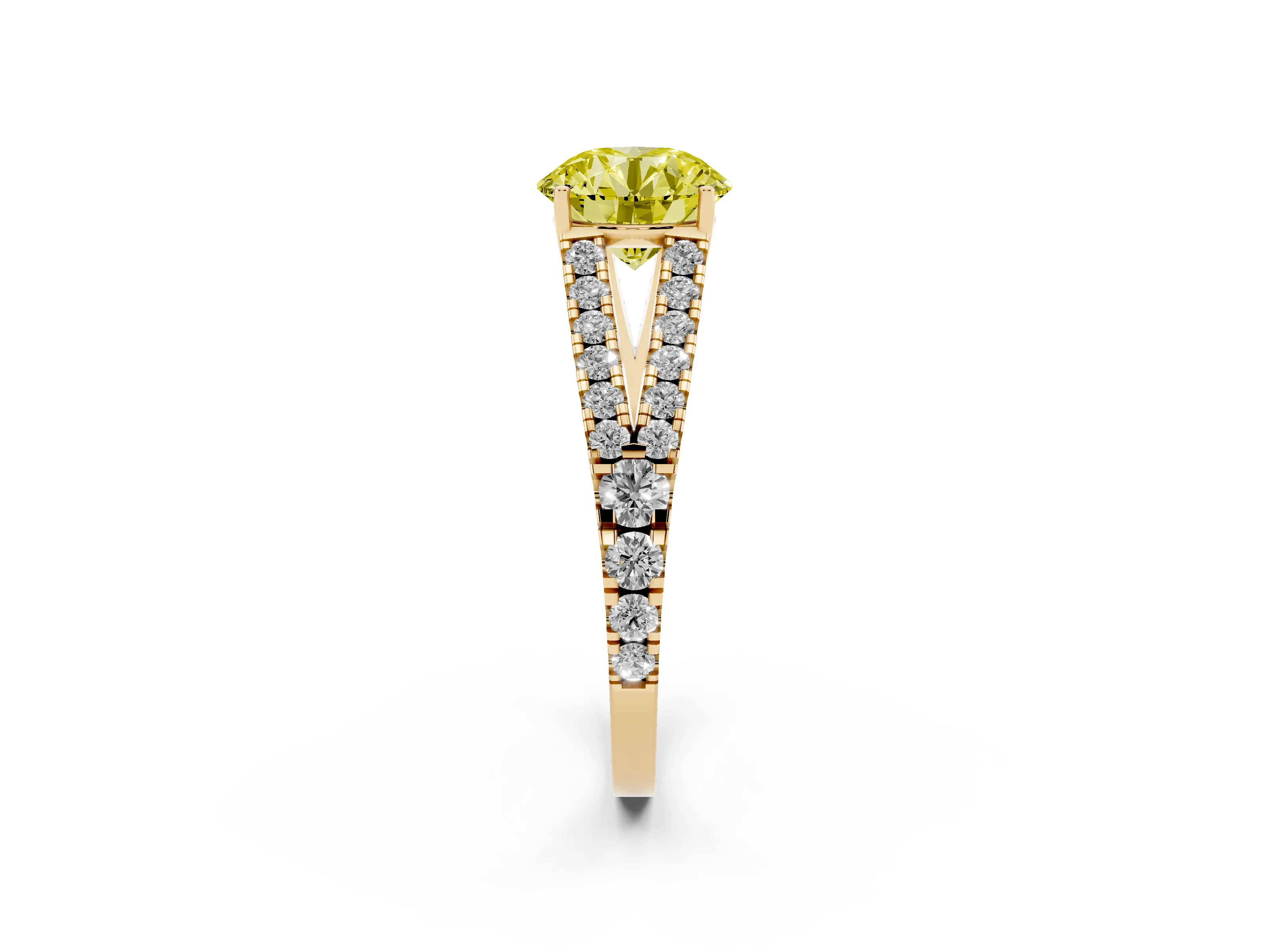 Fancy Yellow Round Cut Diamond Split Shank Pavé Engagement Ring Set in Yellow gold with Prong-Held Center Stone