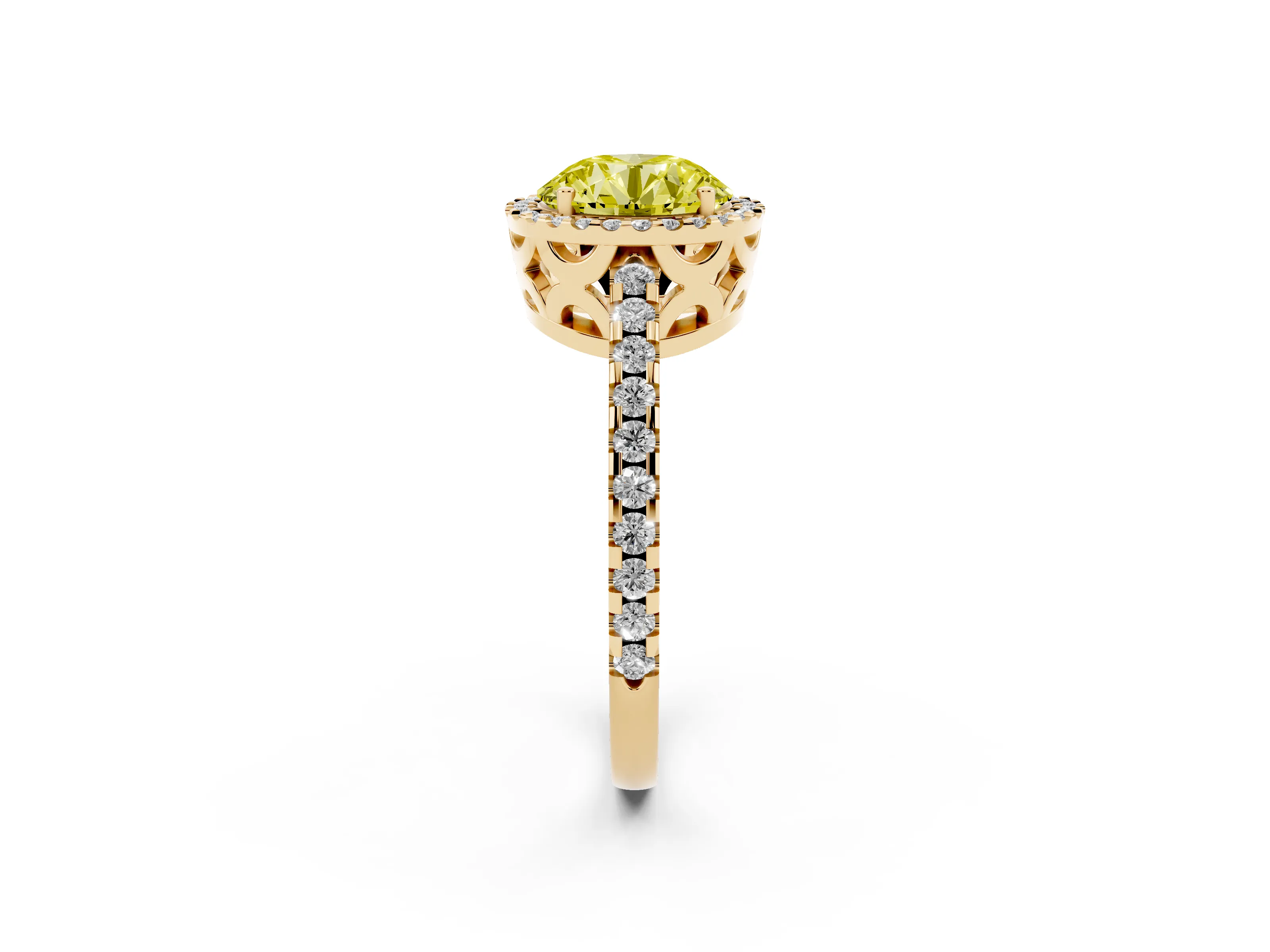 Fancy Yellow Round Cut Diamond Halo Ring Set in Yellow gold with Pavé Shoulders and Halo-Framed Center