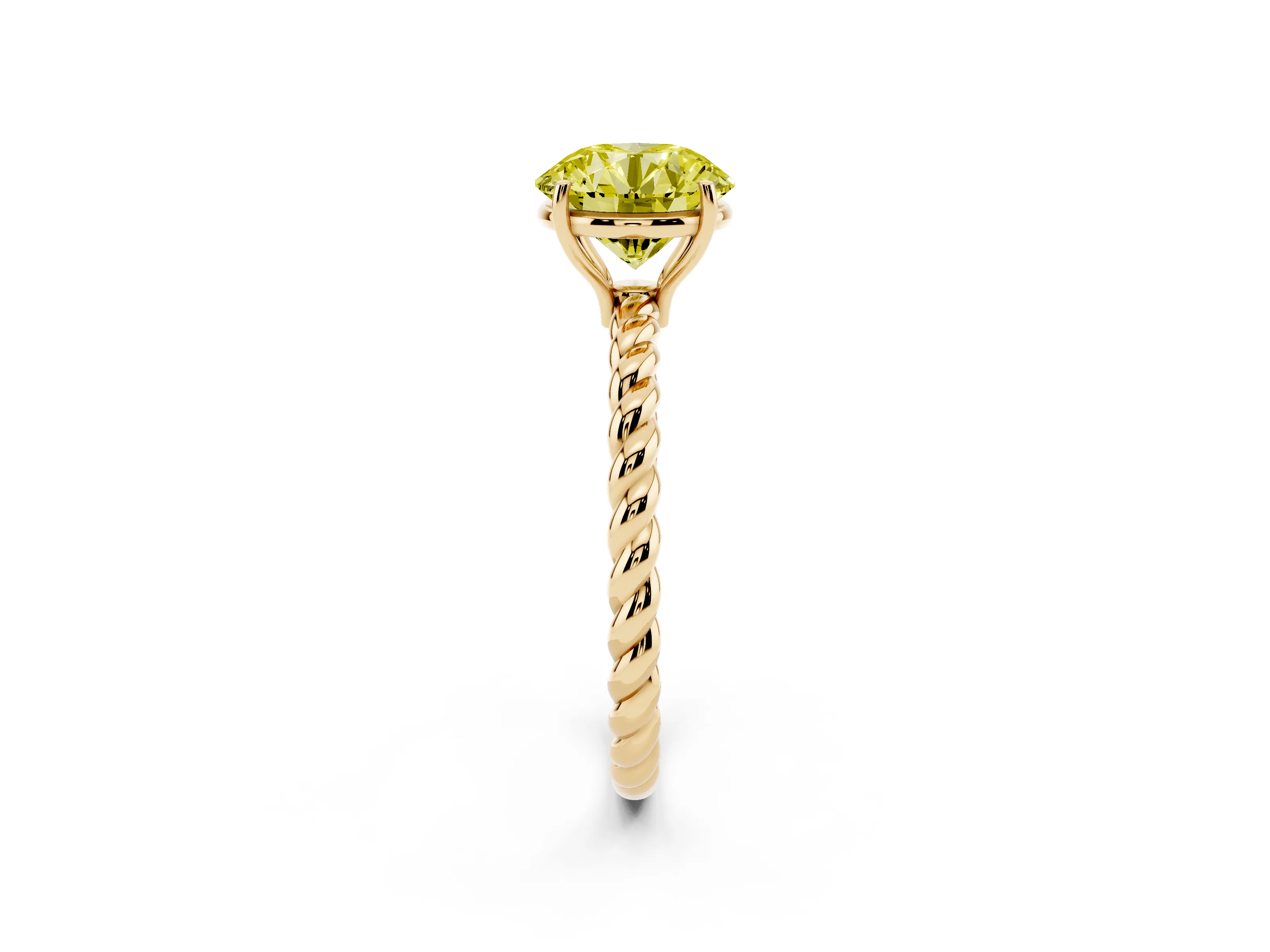 Fancy Yellow Round Cut Diamond Solitaire Ring Set in Yellow gold with Twist Band and Prong Setting
