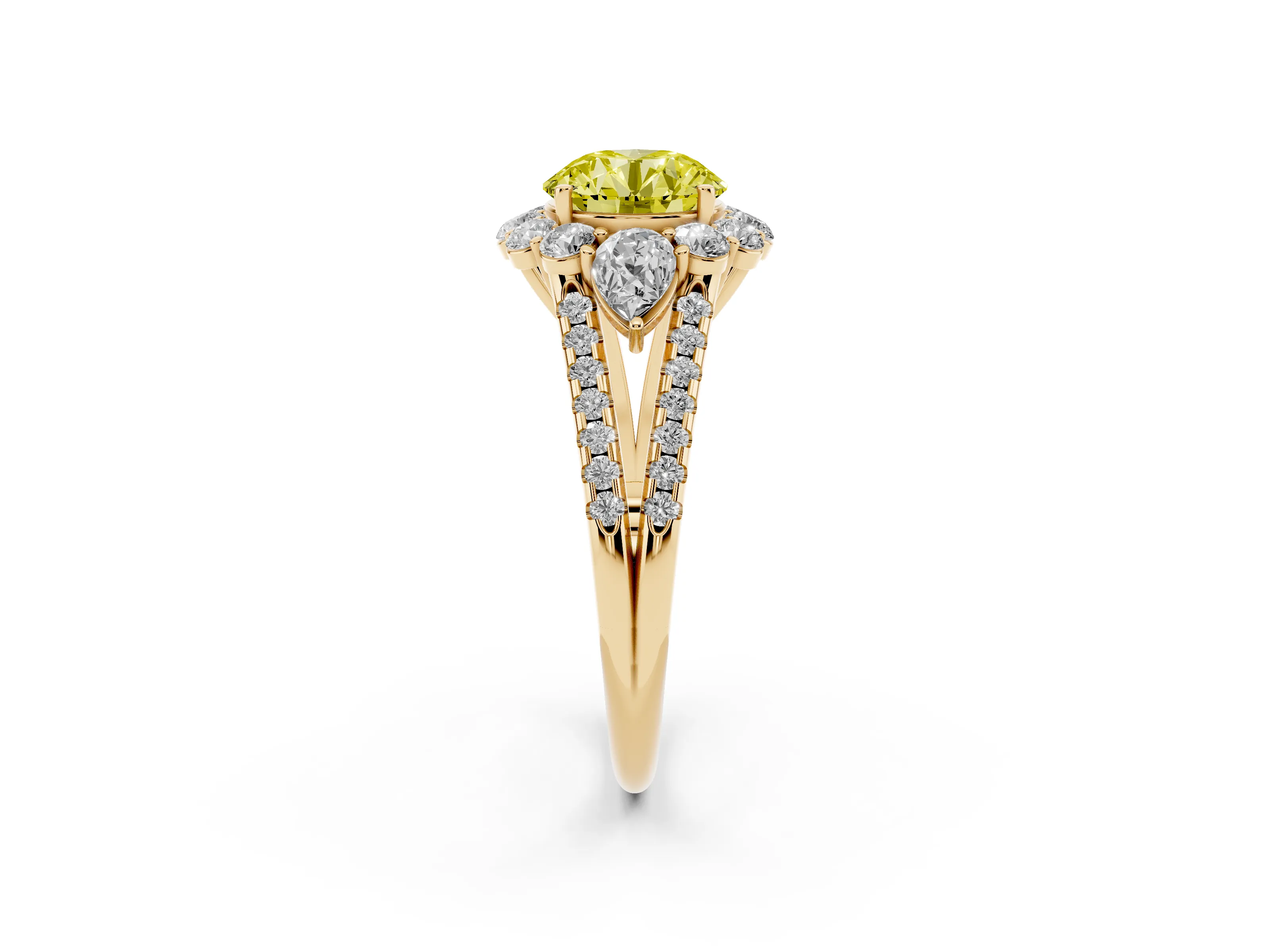 Fancy Yellow Round Cut Diamond Halo Split Shank Engagement Ring Set in Yellow gold with Prong-Held Center Stone