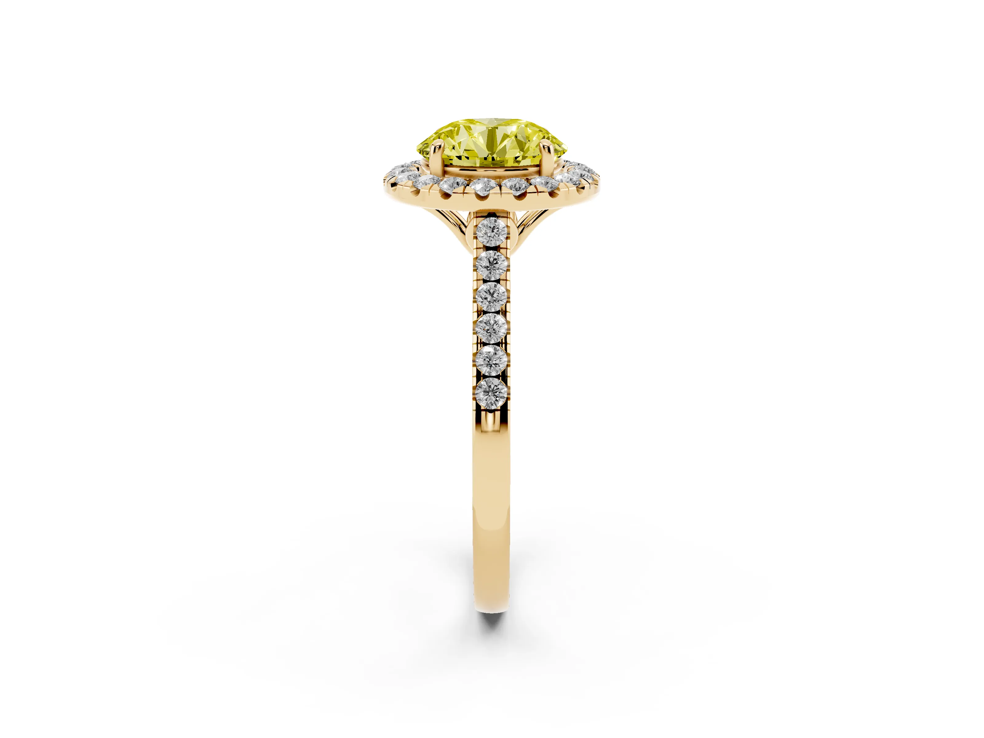 Fancy Yellow Round Cut Diamond Pavé Halo Engagement Ring Set in Yellow gold with Pavé Band and Prong Setting