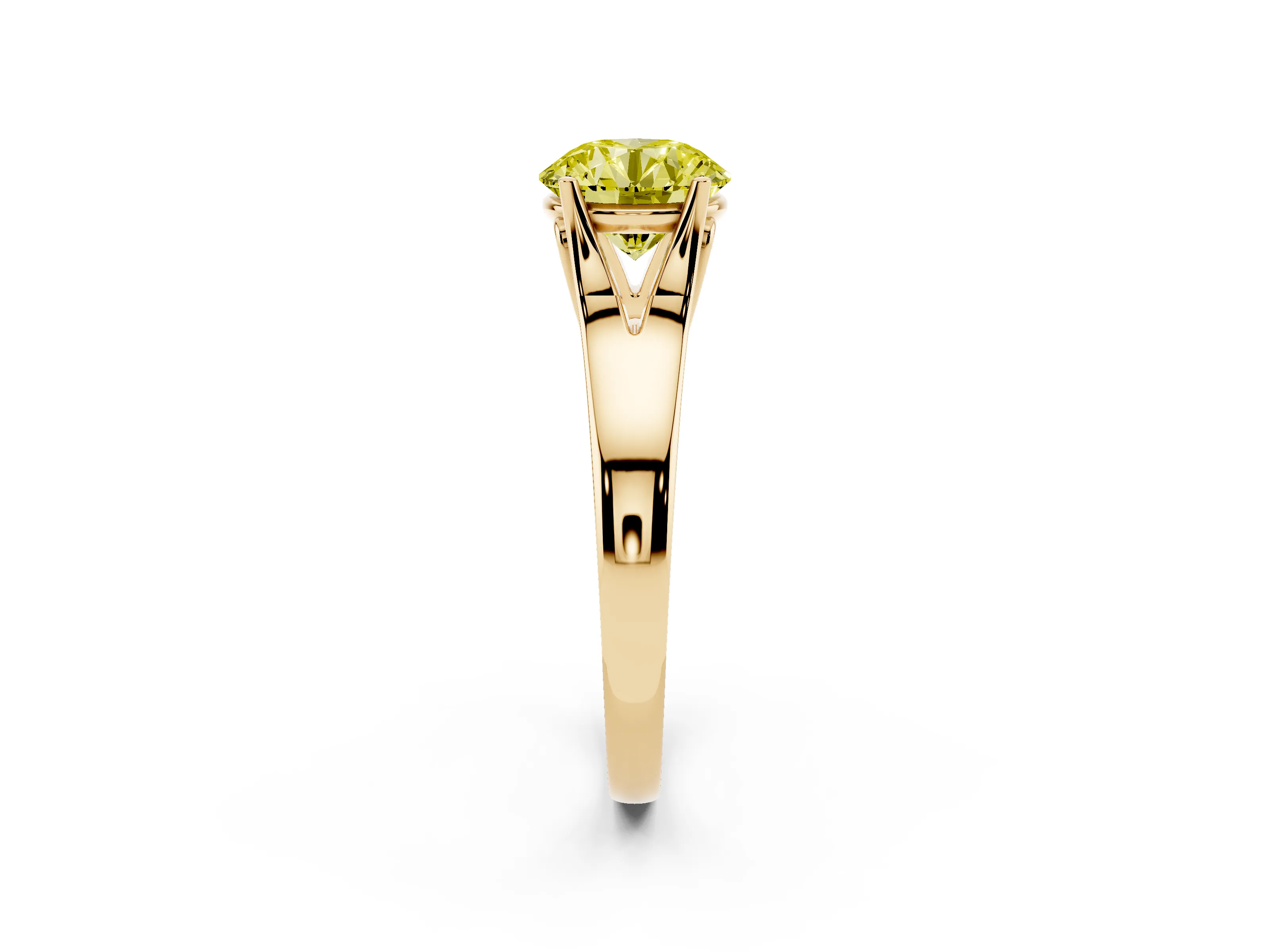 Fancy Yellow Round Cut Diamond Solitaire Ring Set in Yellow gold with Arched Cathedral Band and Prong Setting