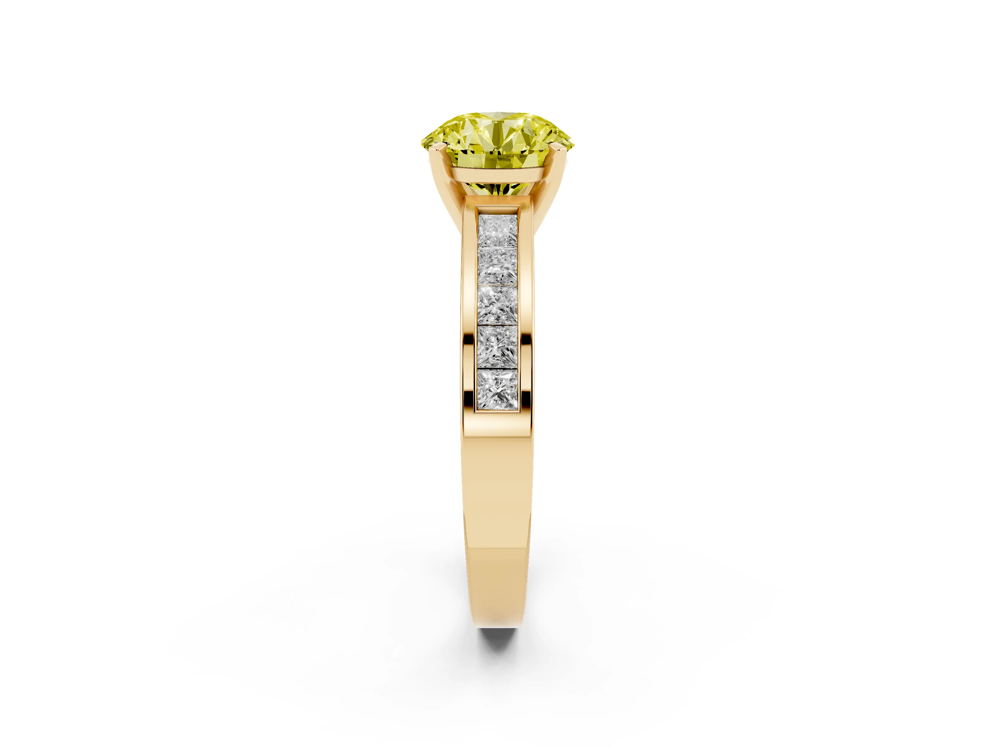 Fancy Yellow Round Cut Diamond Solitaire Ring Set in Yellow gold with Channel-Set Band and Prong Setting