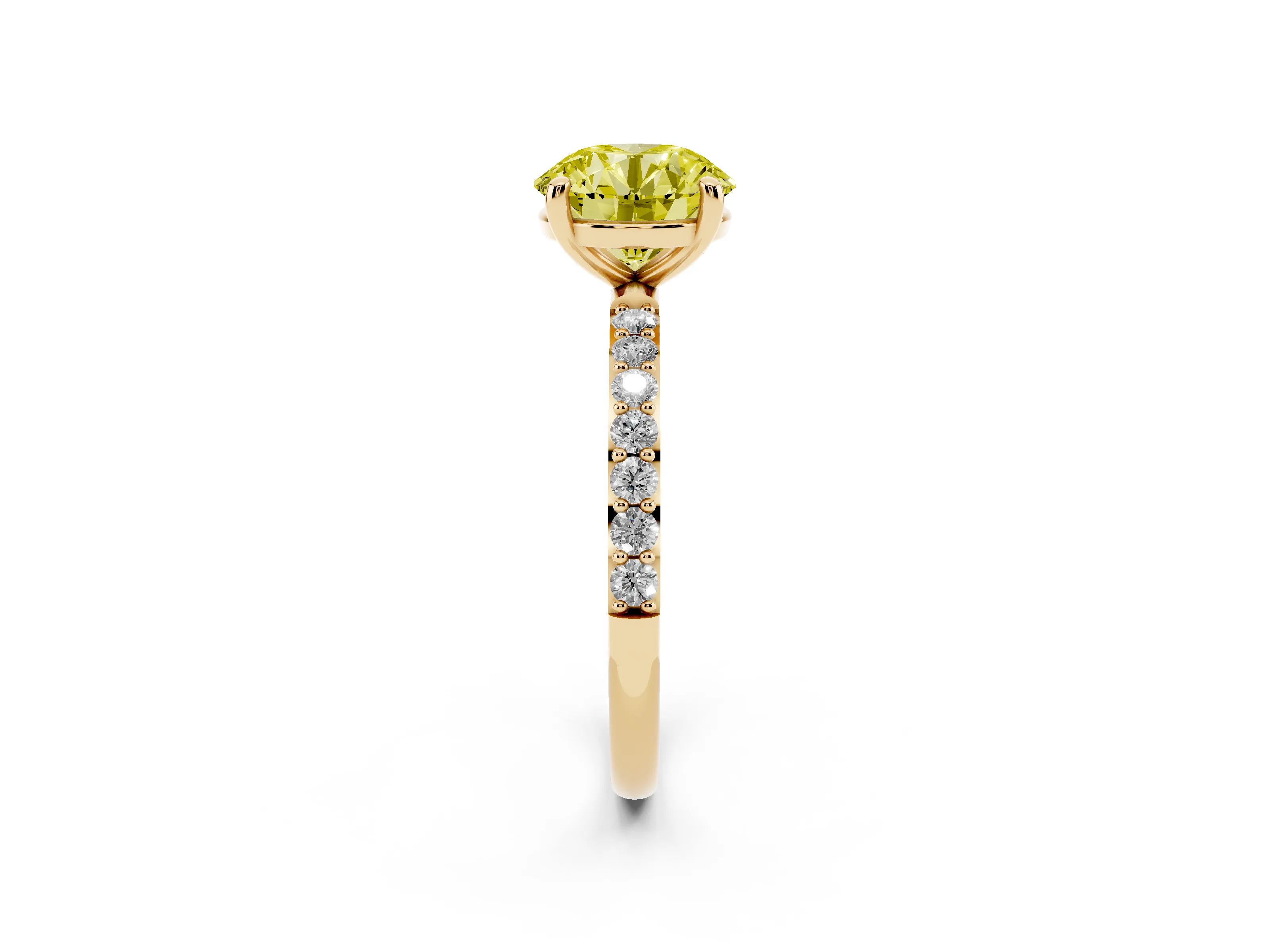 Fancy Yellow Round Cut Diamond Solitaire Ring Set in Yellow gold with Round Pavé Band and Prong Setting