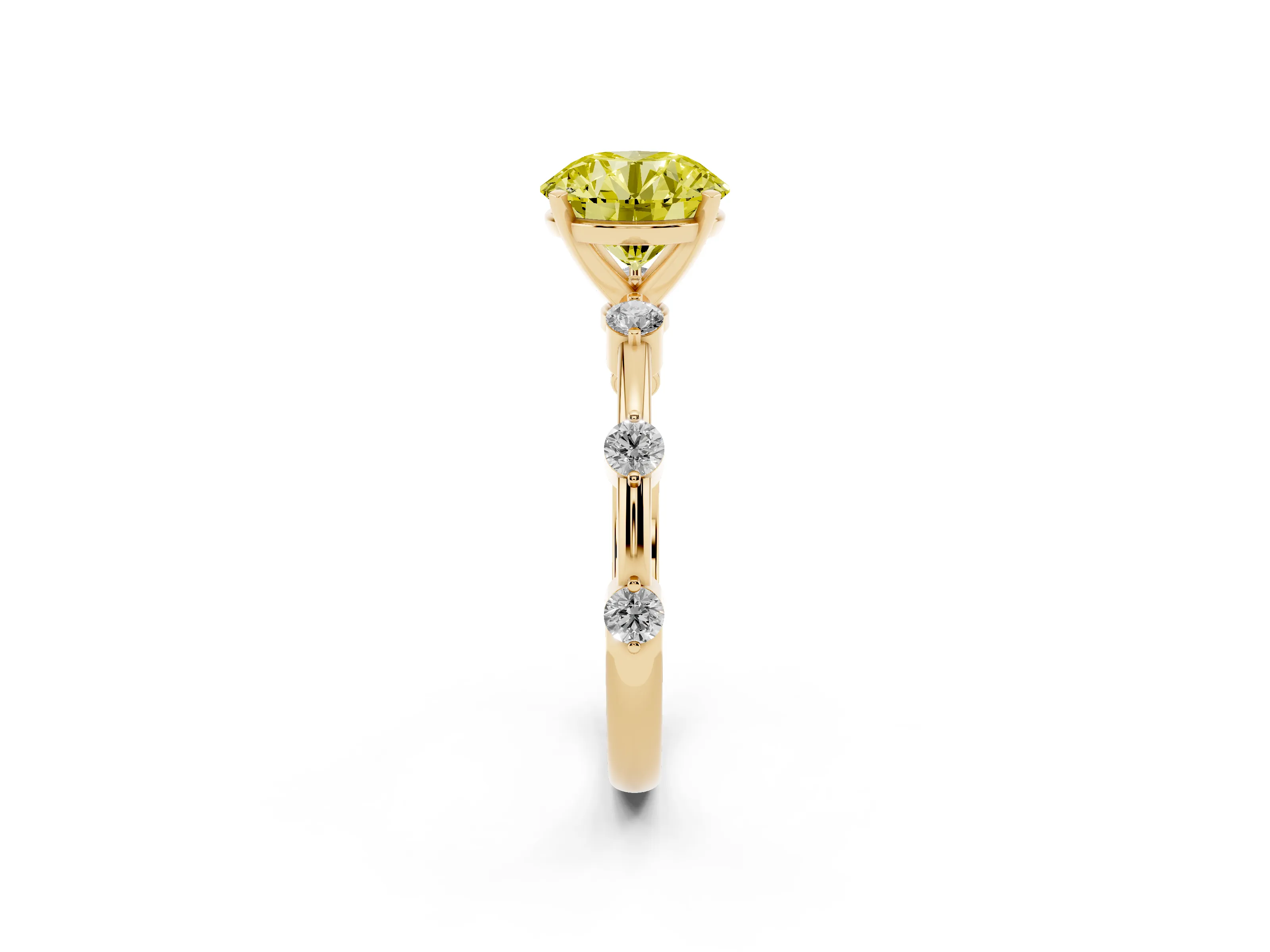 Fancy Yellow Round Cut Diamond Solitaire Ring Set in Yellow gold with Bezel Set Side Stones and Prong Setting