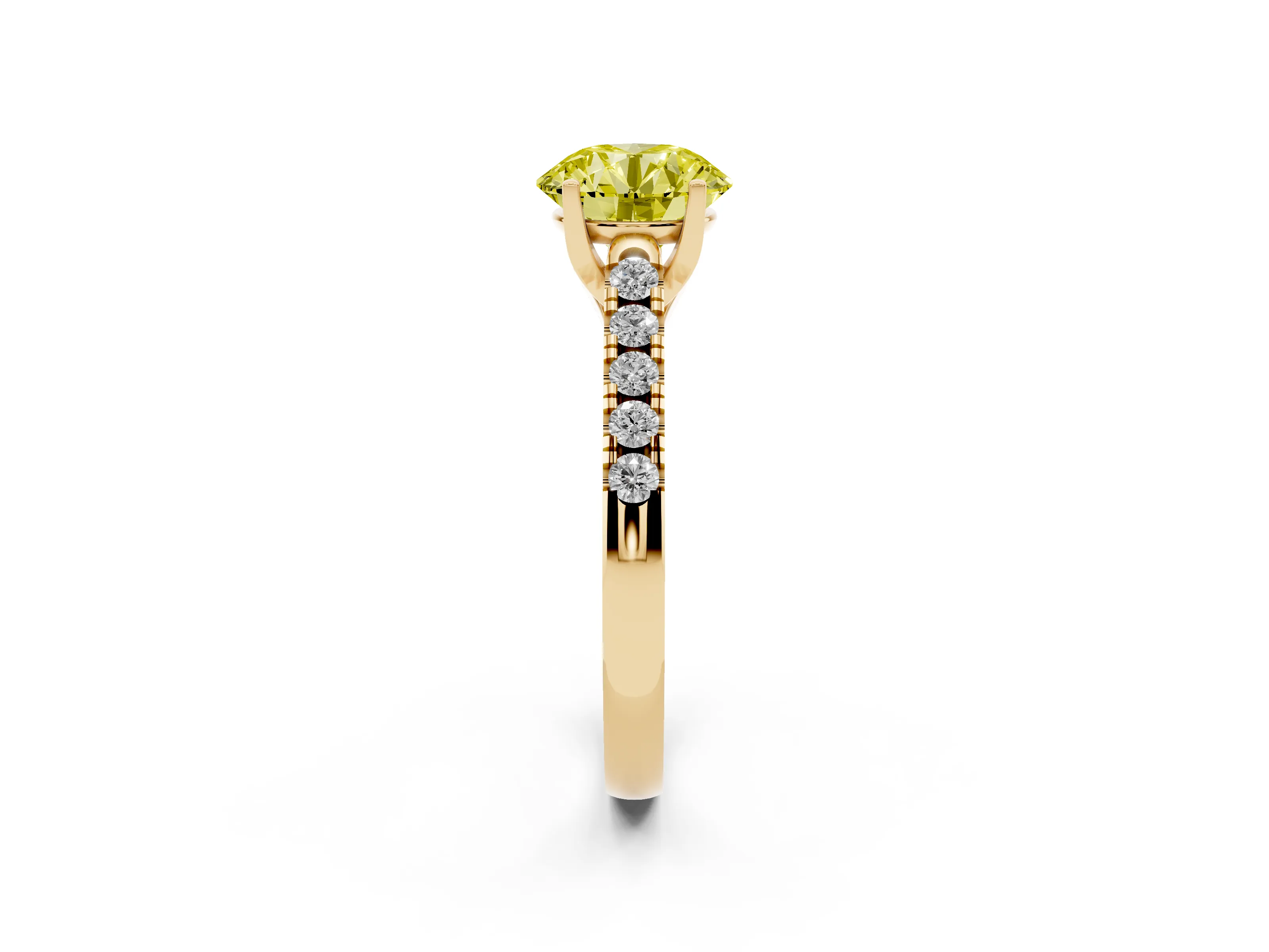 Fancy Yellow Round Cut Diamond Pavé Band Solitaire Ring Set in Yellow gold with Partway Accent Stones and Prong Setting