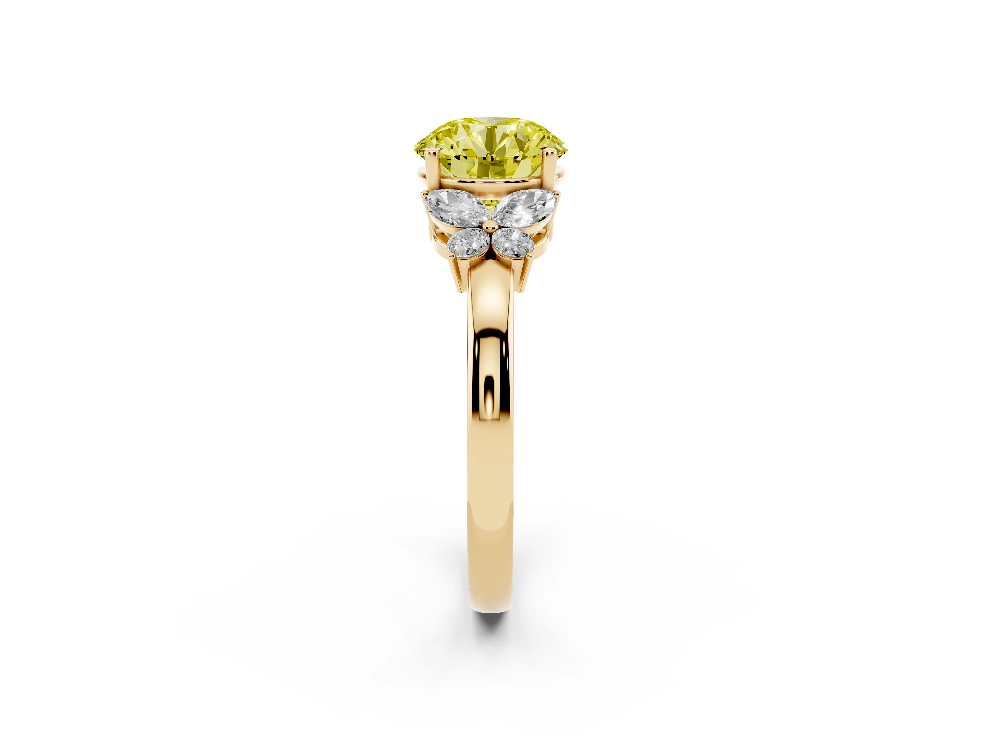 Fancy Yellow Round Cut Diamond Solitaire Floral Ring Set in Yellow gold with Marquise Petals and Prong Setting