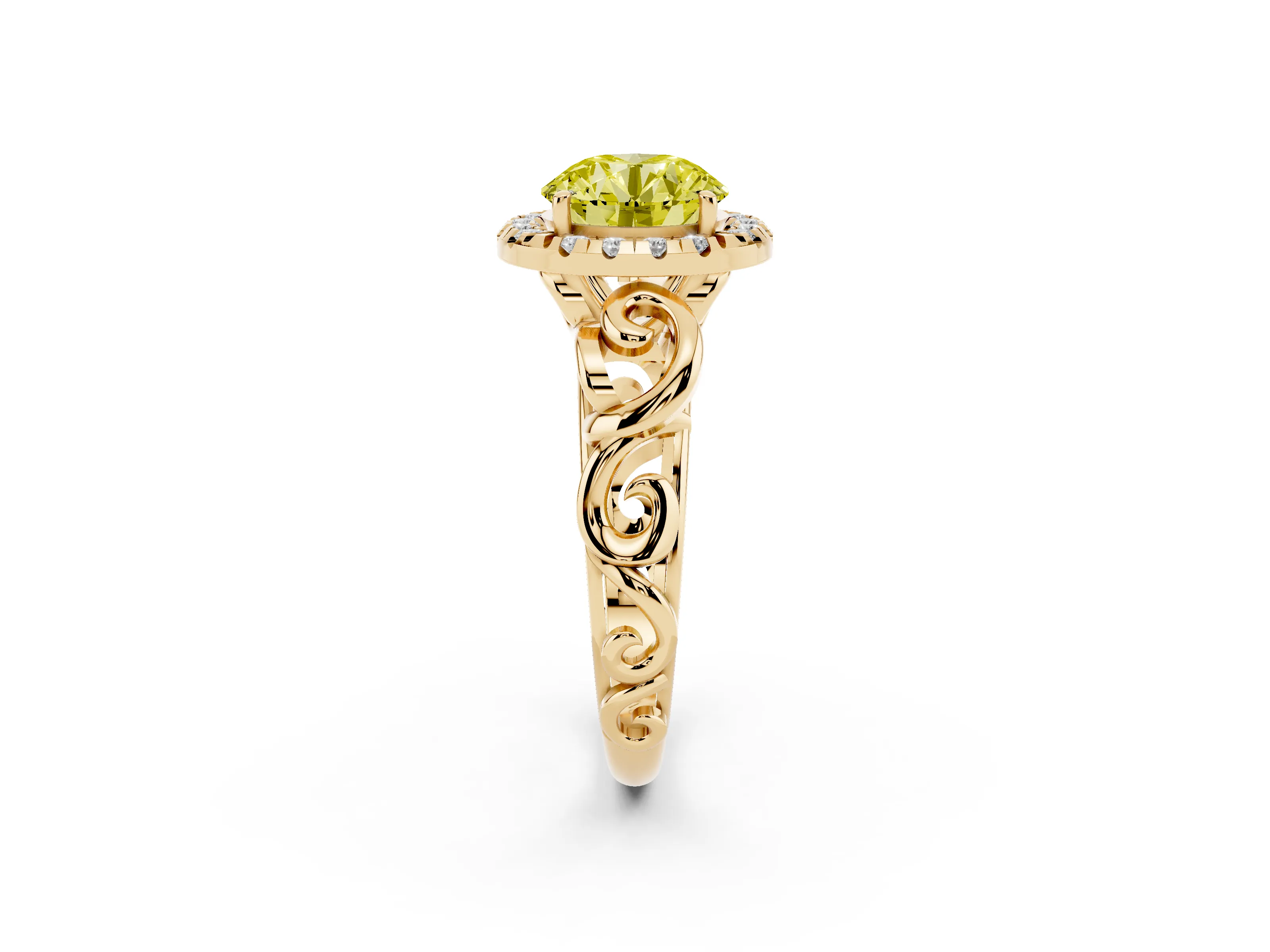 Fancy Yellow Round Cut Diamond Halo Ring Set in Yellow gold with Scrollwork Band and Prong Setting