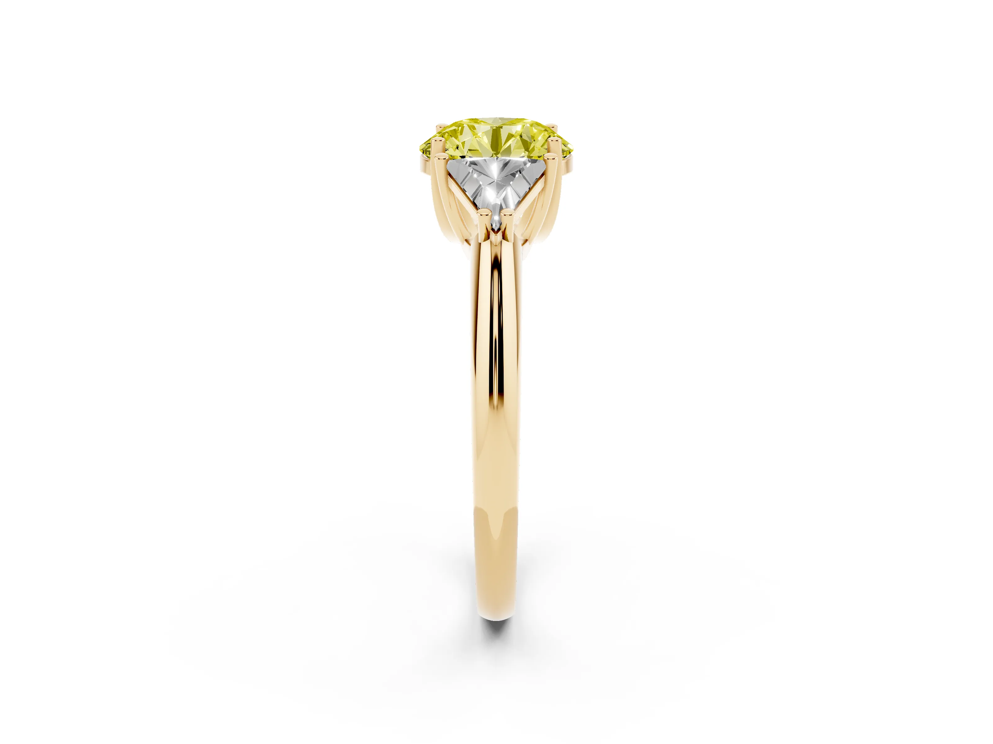 Fancy Yellow Round Cut Diamond Three-Stone Engagement Ring Set in Yellow gold with Trillion Side Stones