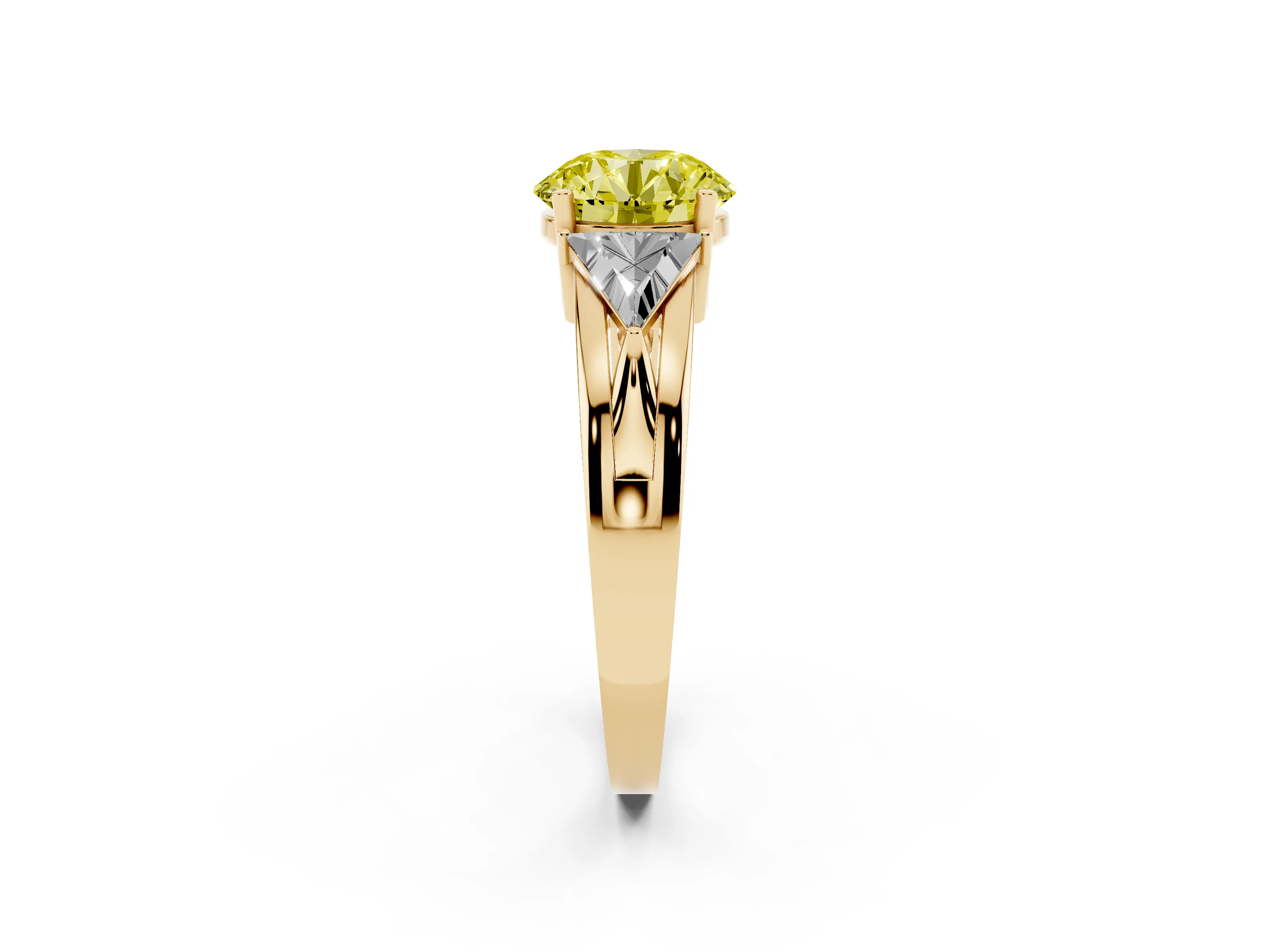 Fancy Yellow Round Cut Diamond Three-Stone Ring Set in Yellow gold with Trillion Side Stones and Split Shank