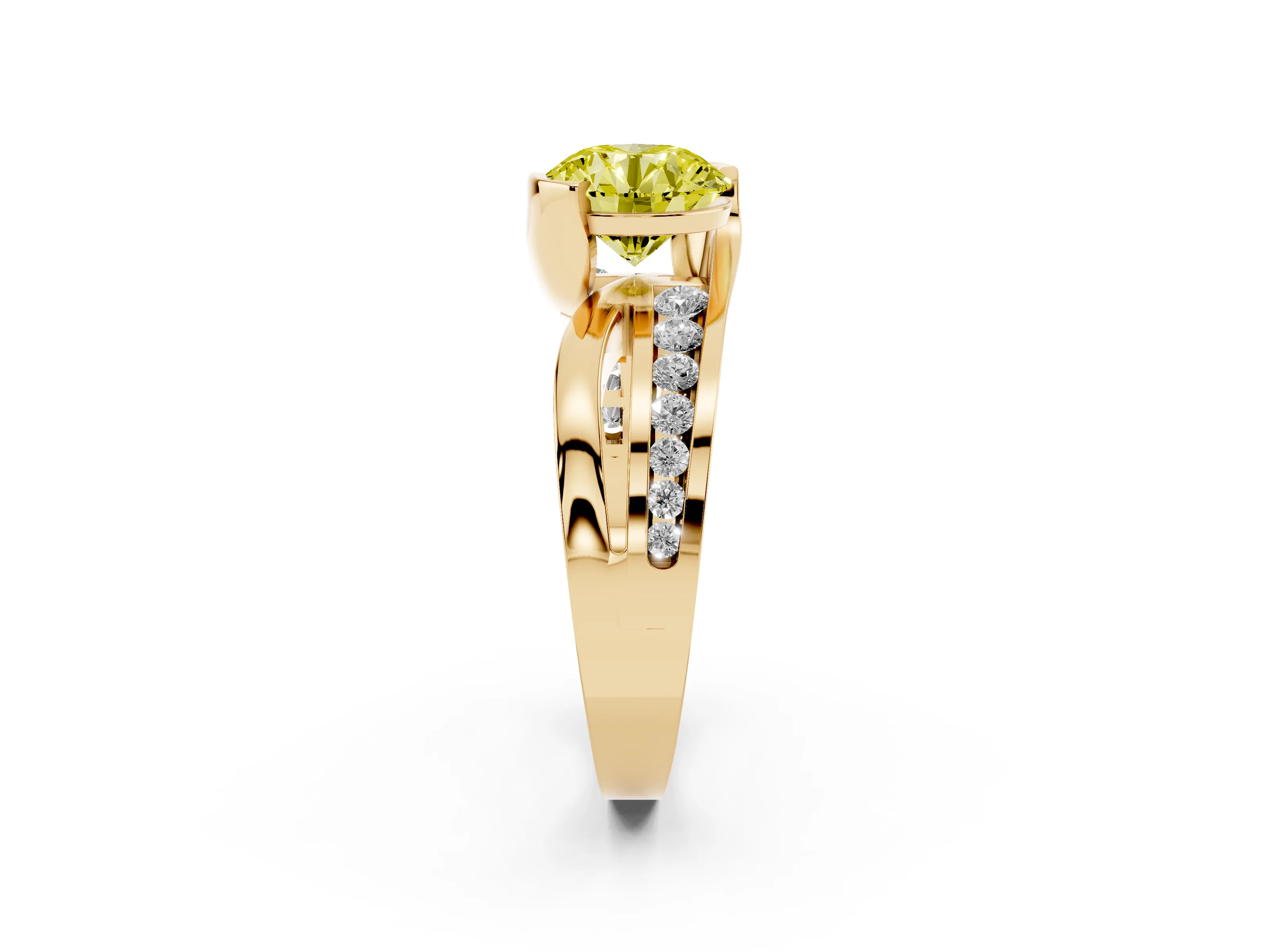 Fancy Yellow Round Cut Diamond Solitaire Ring Set in Yellow gold with Channel Set Split Shank and Tension Prongs