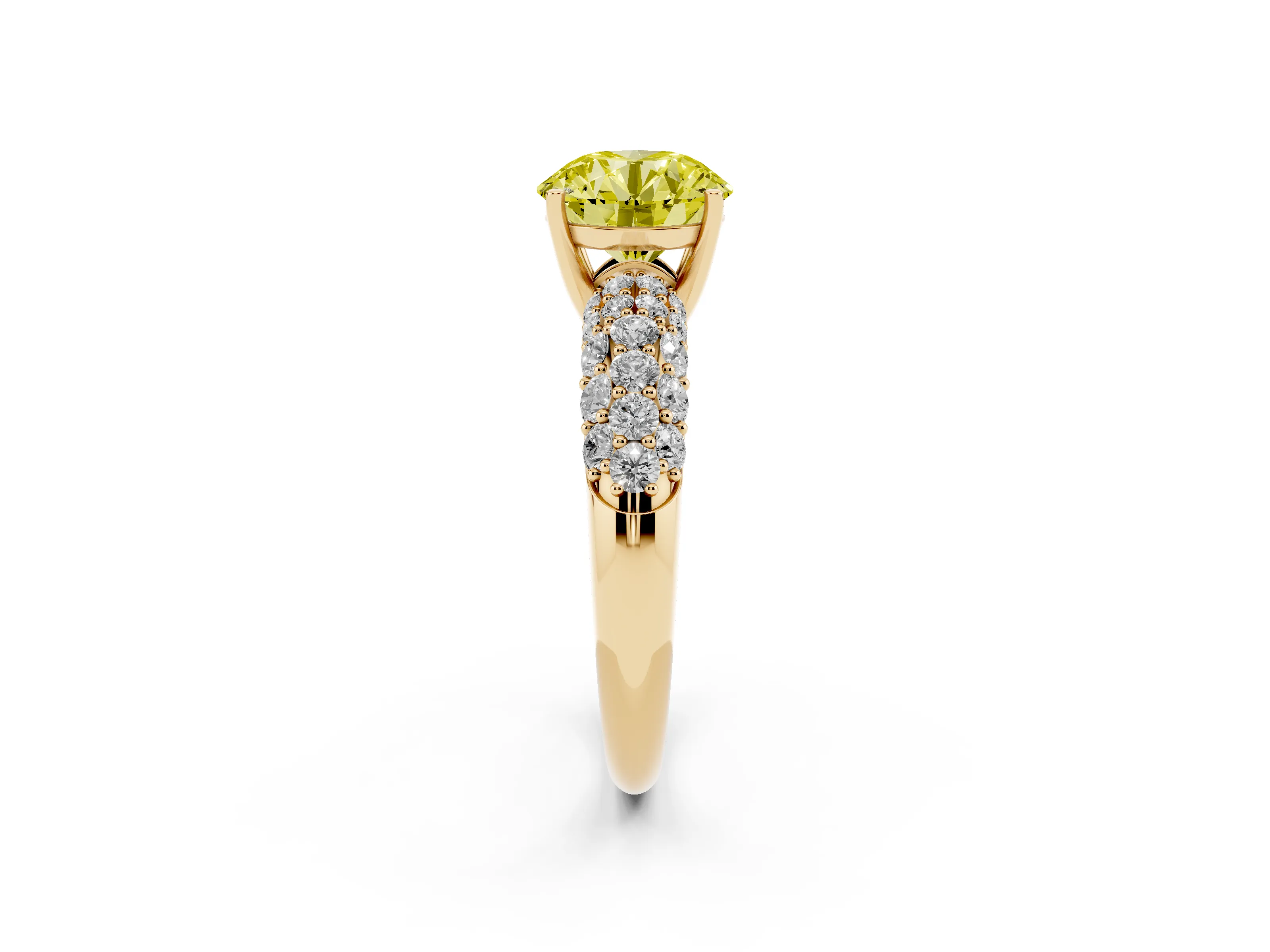 Fancy Yellow Round Cut Diamond Pavé Band Solitaire Ring Set in Yellow gold with Close-Set Accent Stones and Prong Setting