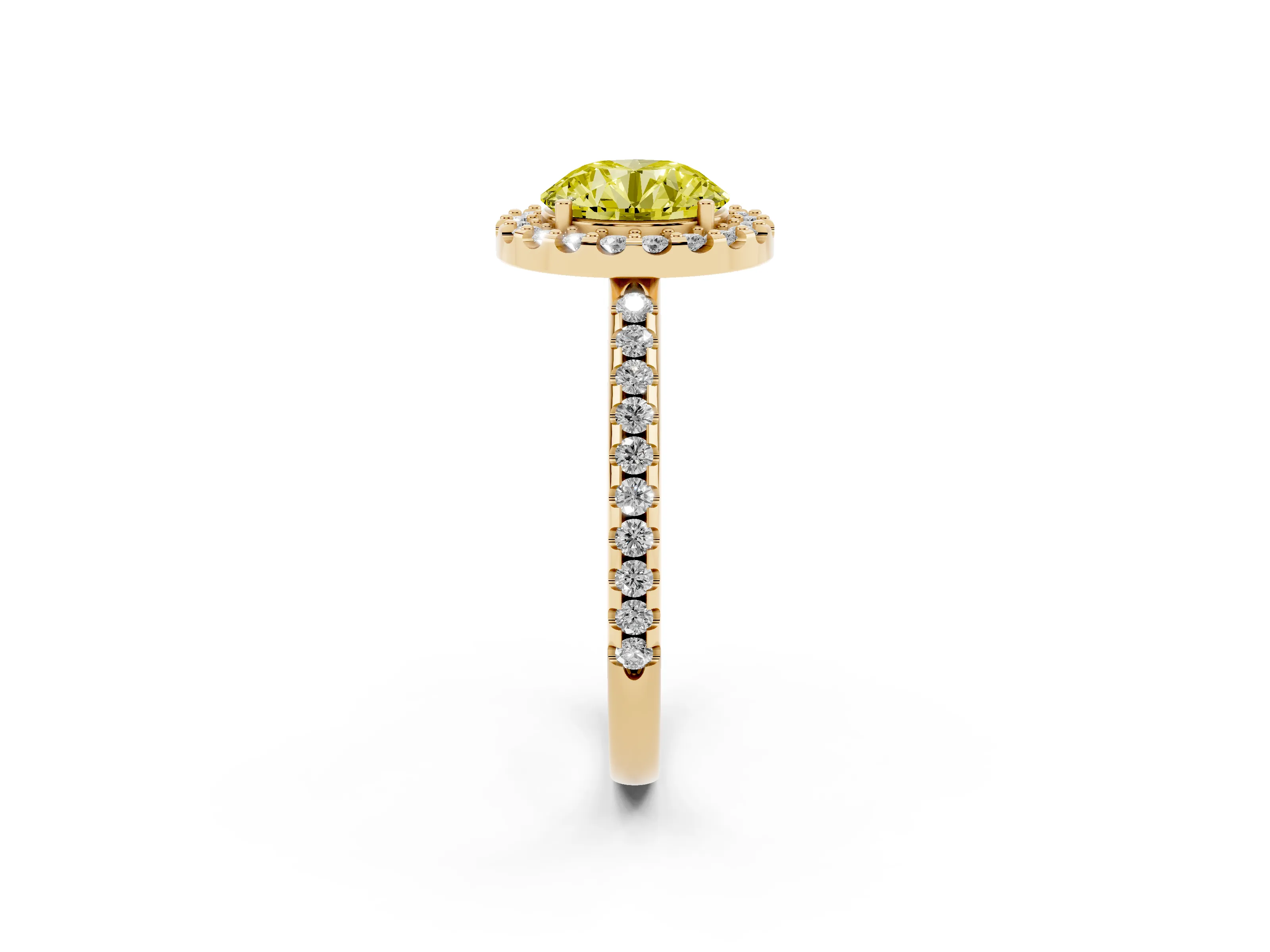 Fancy Yellow Round Cut Diamond Pavé Halo Ring Set in Yellow gold with Prong Setting
