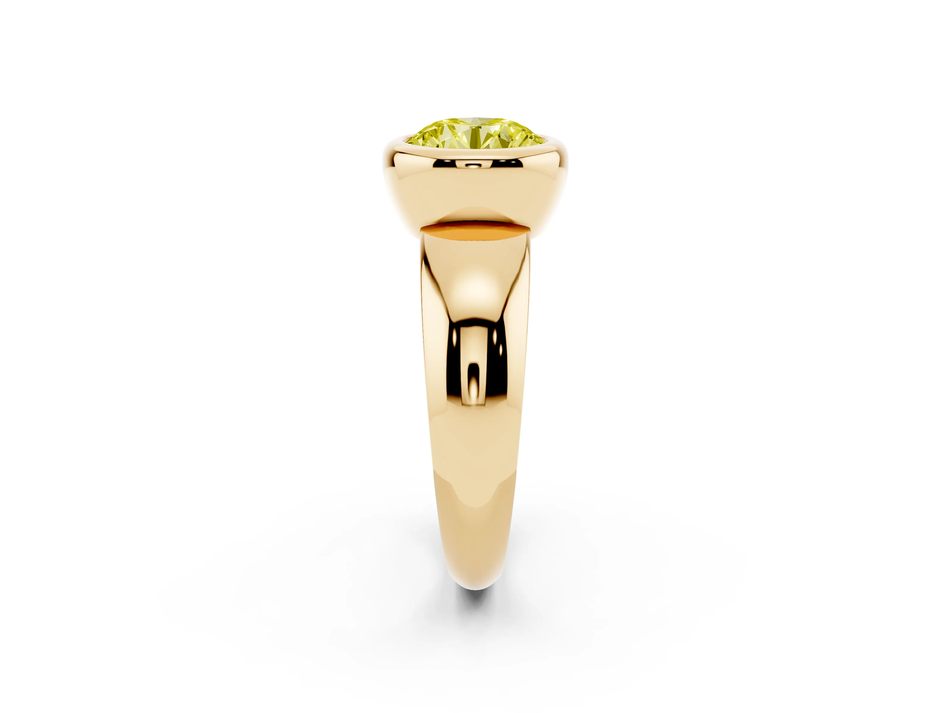 Fancy Yellow Bezel Set Round Cut Diamond Solitaire Ring Set in Yellow gold with Wide Band