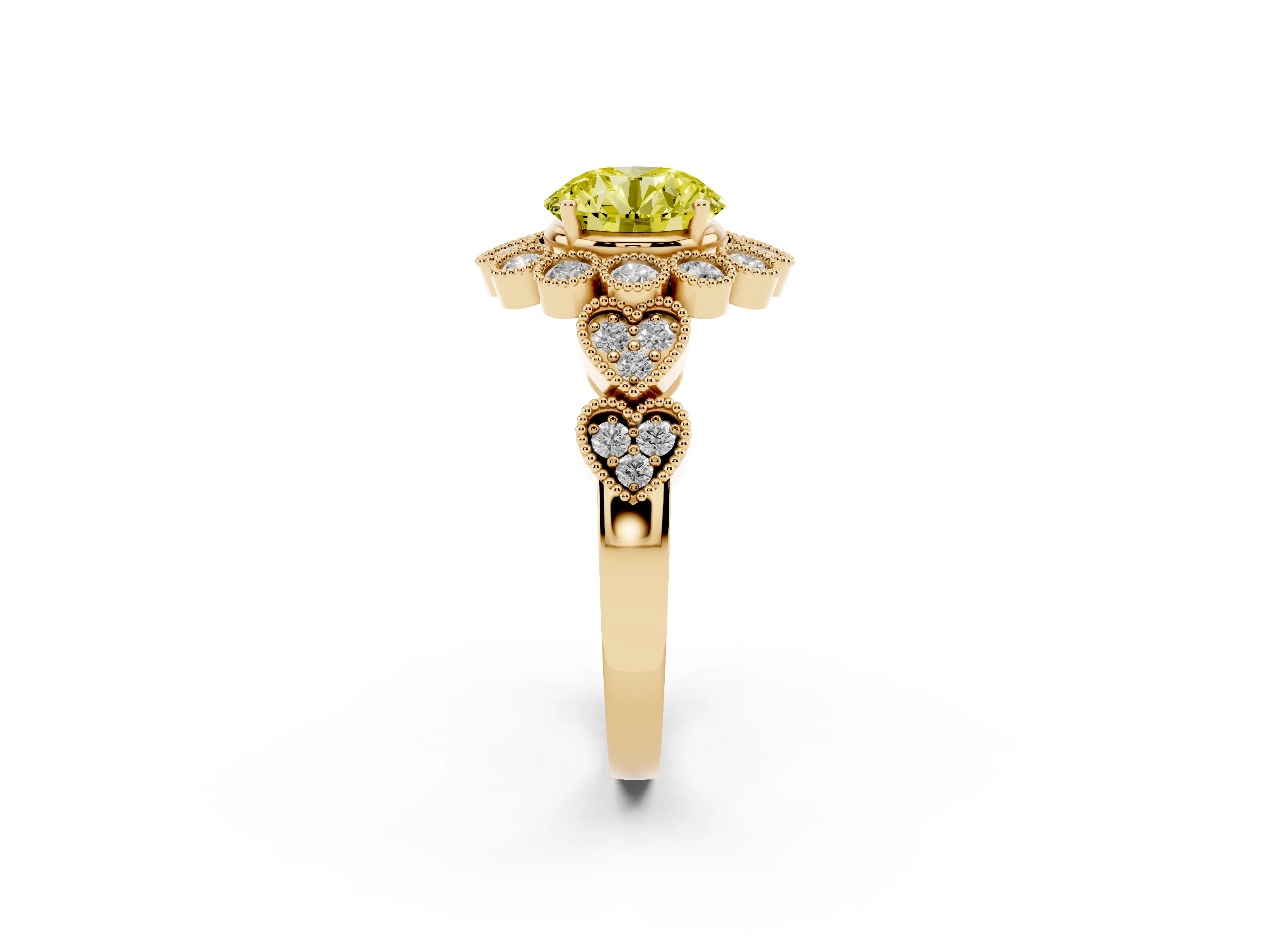 Fancy Yellow Round Cut Diamond Solitaire Ring Set in Yellow gold with Milgrain Pavé Heart Band