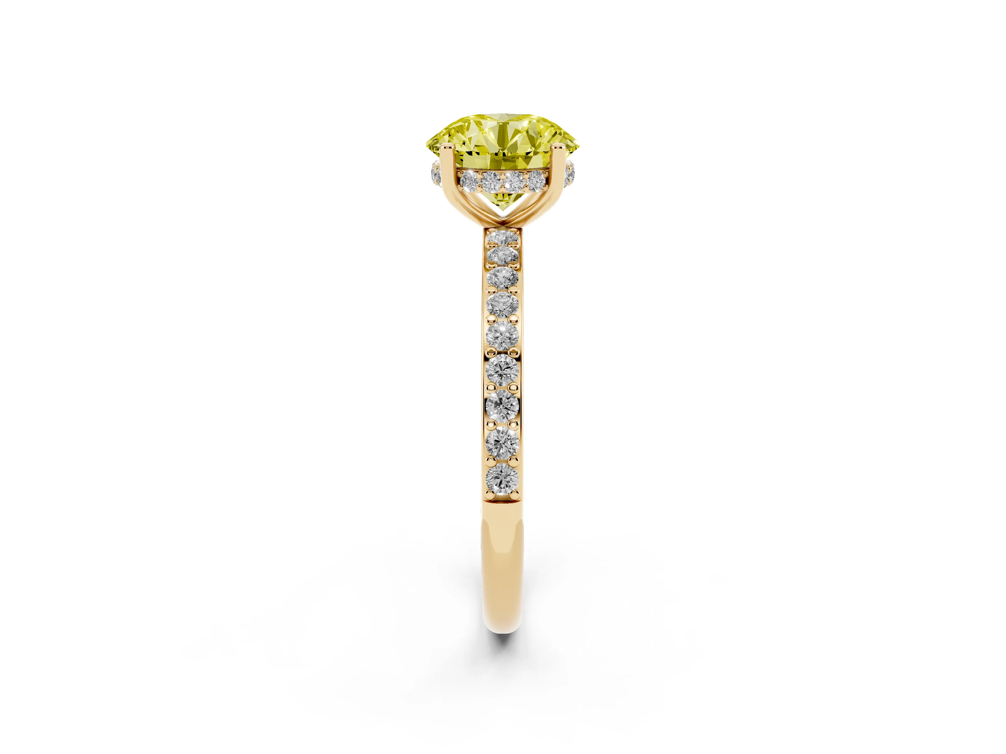 Fancy Yellow Round Cut Diamond Pavé Band Ring Set in Yellow gold with Prong-Set Center Stone