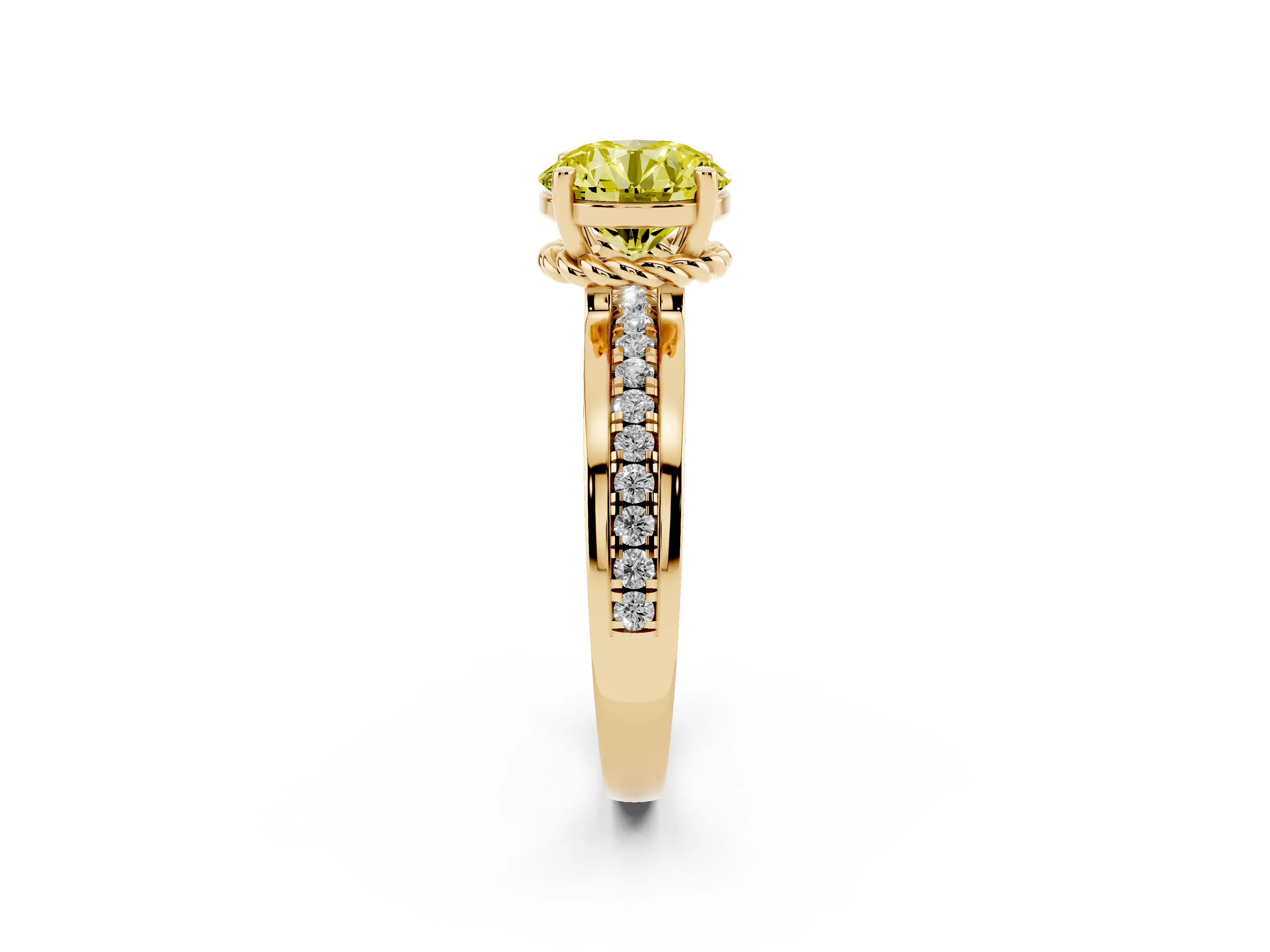 Fancy Yellow Round Cut Diamond Solitaire Ring Set in Yellow gold with Channel Set Band and Prong Setting