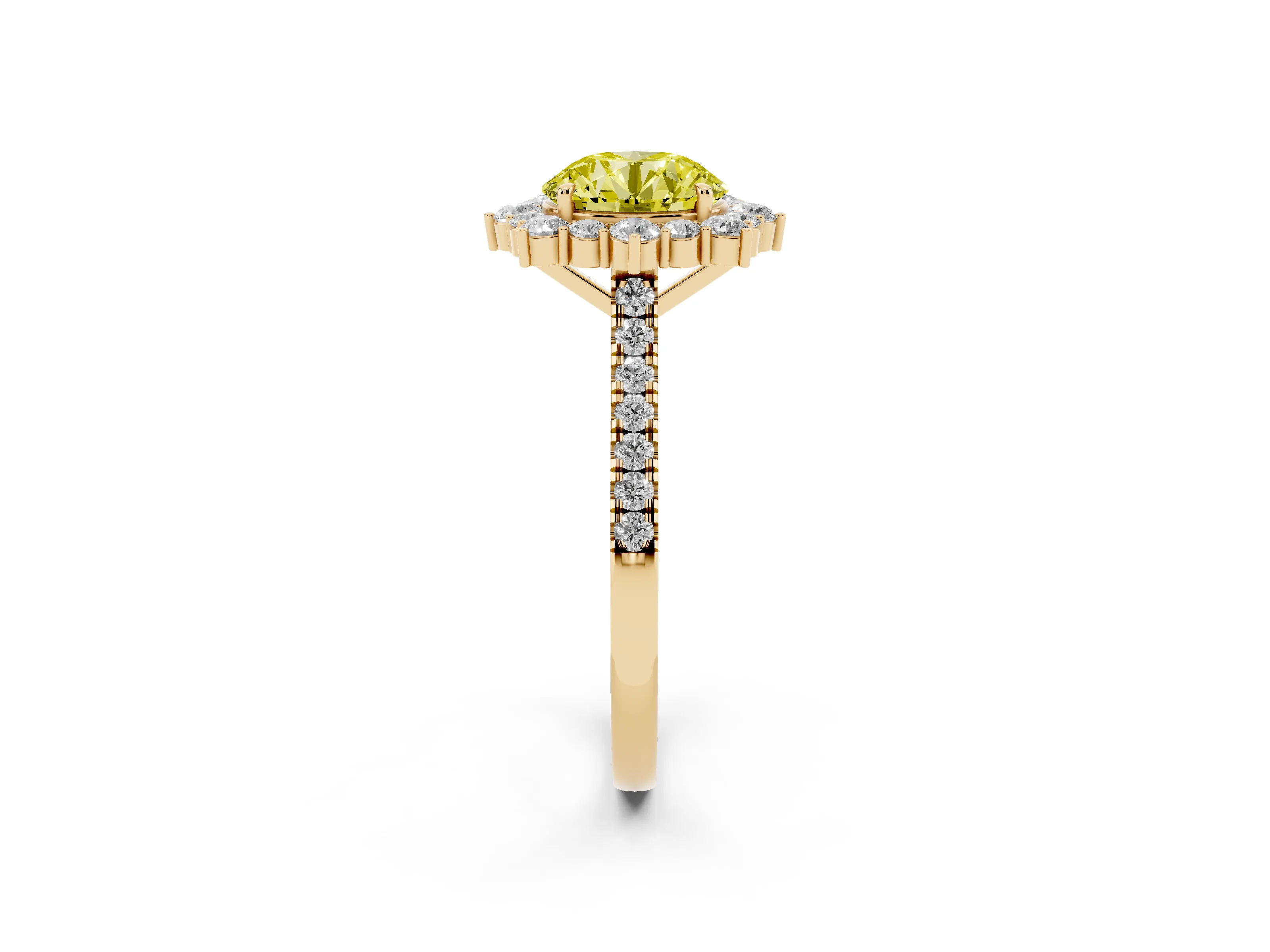 Fancy Yellow Round Cut Diamond Halo Ring Set in Yellow gold with Pavé Band and Prong Setting