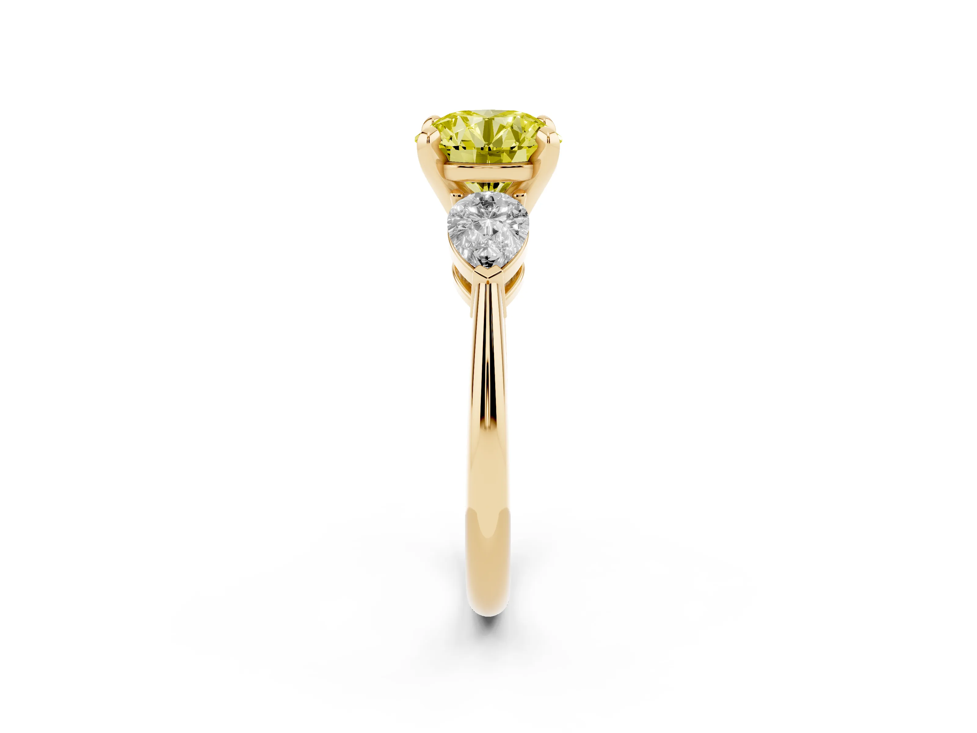 Fancy Yellow Three-Stone Round Cut Diamond Ring Set in Yellow gold with Pear Side Stones and Prong Setting