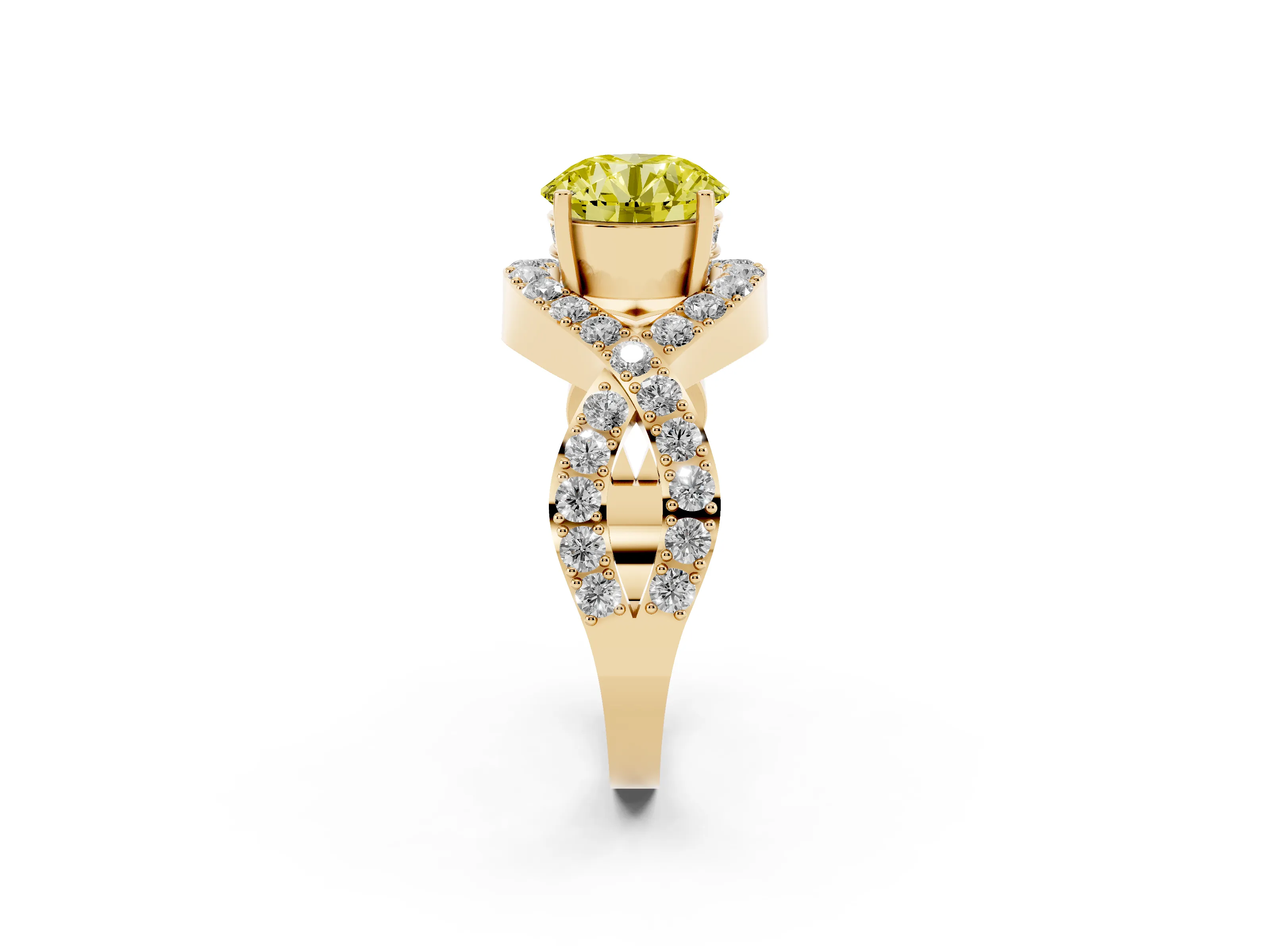 Fancy Yellow Round Cut Diamond Solitaire Twist Band Pavé Engagement Ring Set in Yellow gold