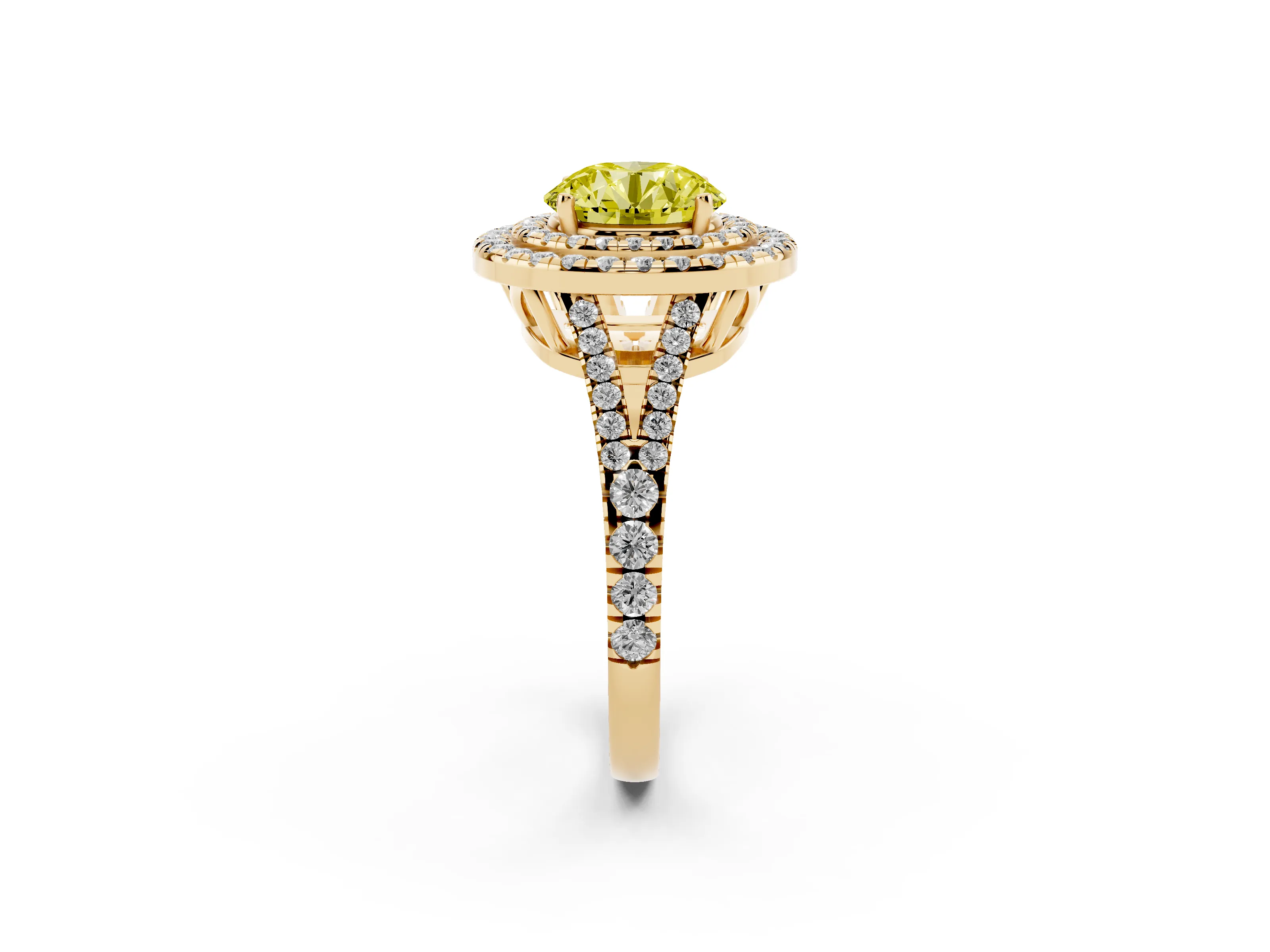 Fancy Yellow Round Cut Diamond Double Halo Ring Set in Yellow gold with Pavé Band