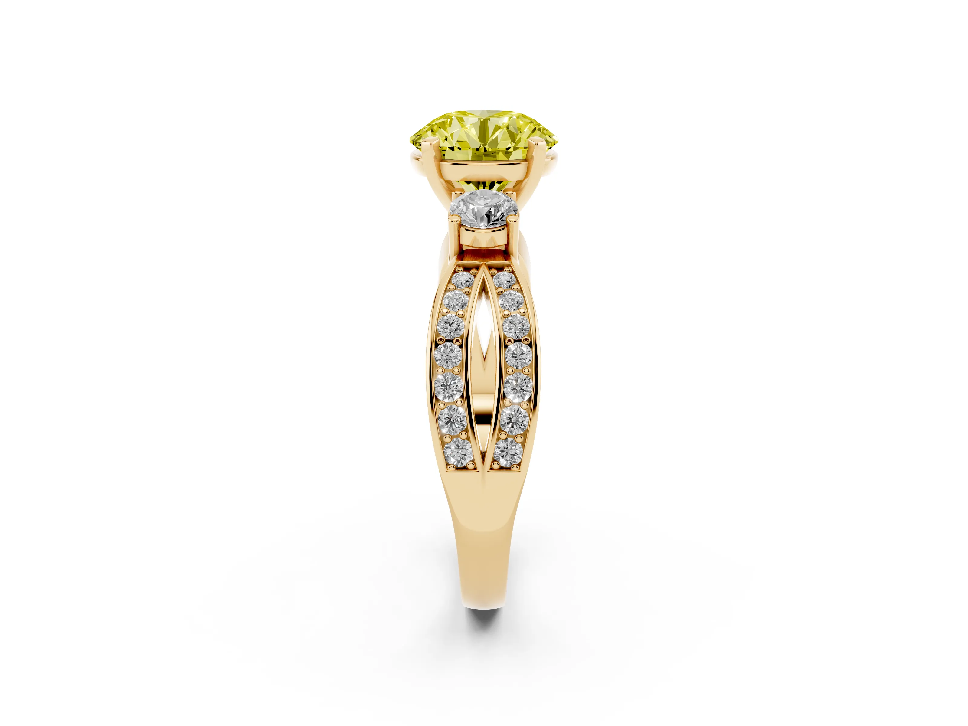 Fancy Yellow Three-Stone Round Cut Diamond Twist Band Ring Set in Yellow gold with Pavé Accents and Prong Setting