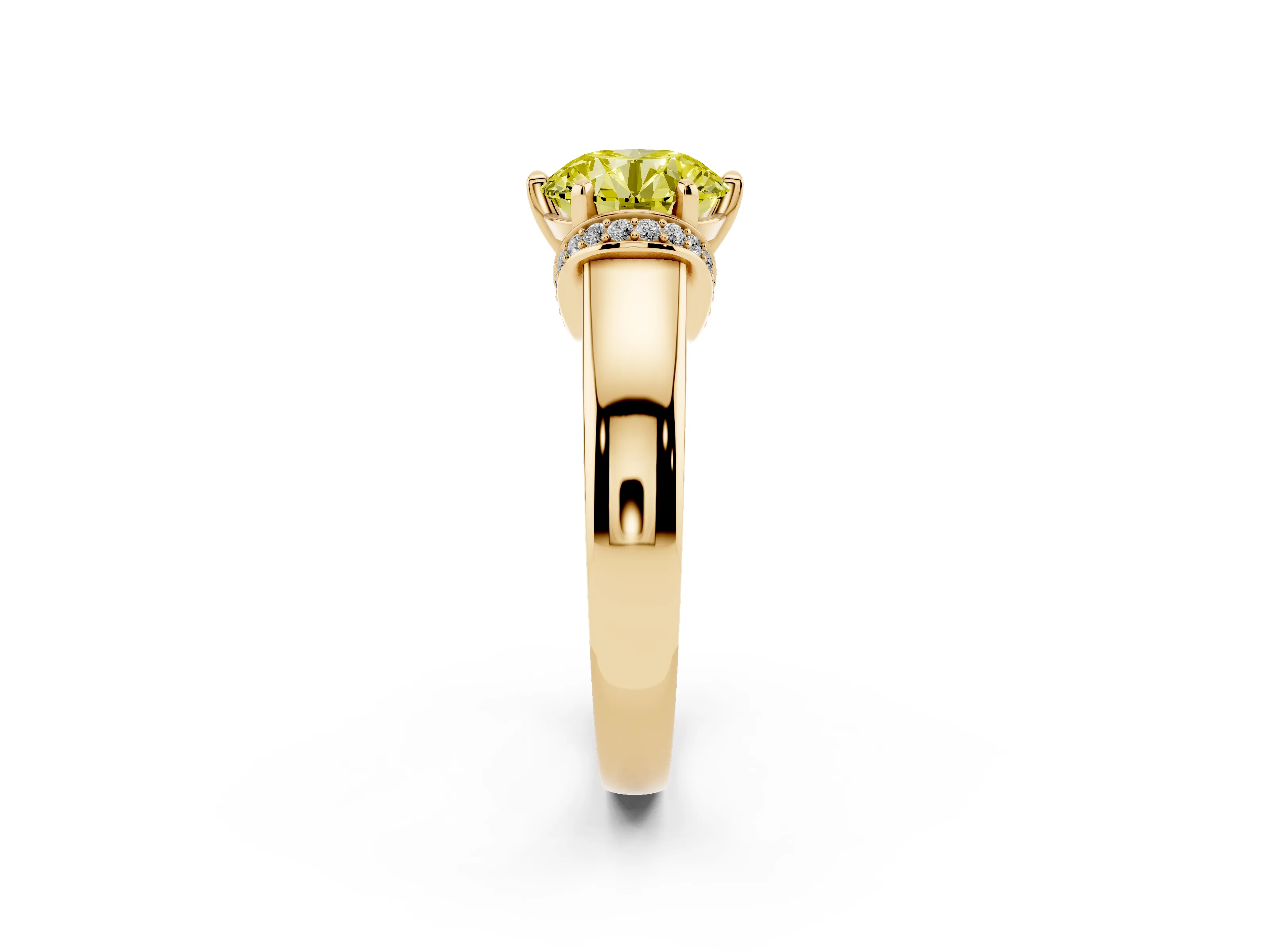 Fancy Yellow Round Cut Diamond Pavé Band Solitaire Ring Set in Yellow gold with Prong Setting