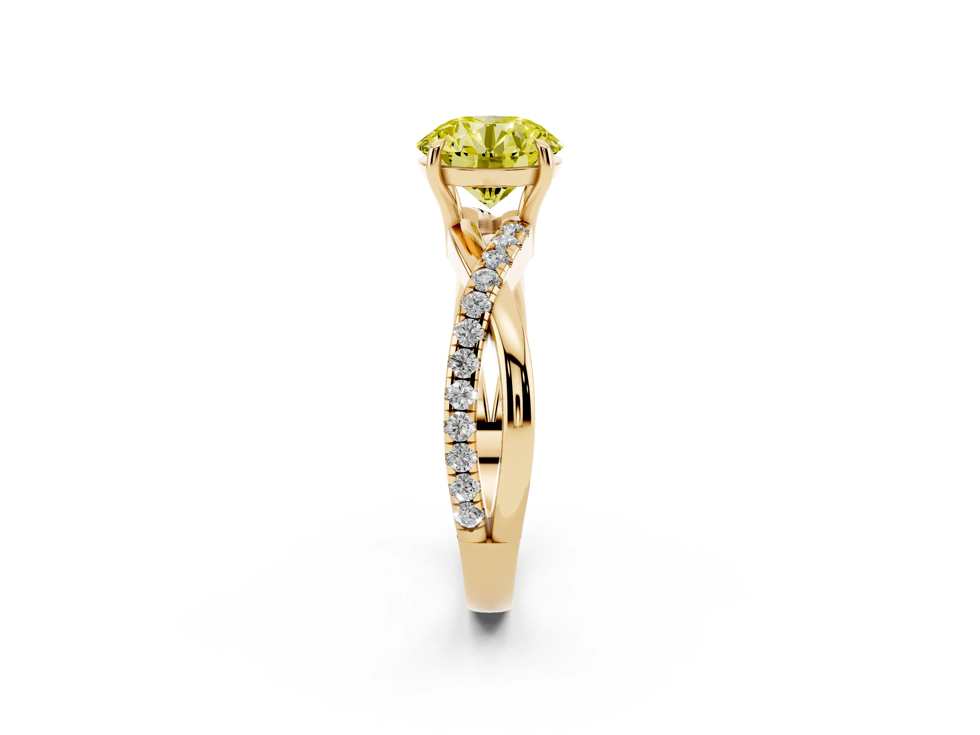 Fancy Yellow Round Cut Diamond Twisted Pavé Band Ring Set in Yellow gold with Prong Setting