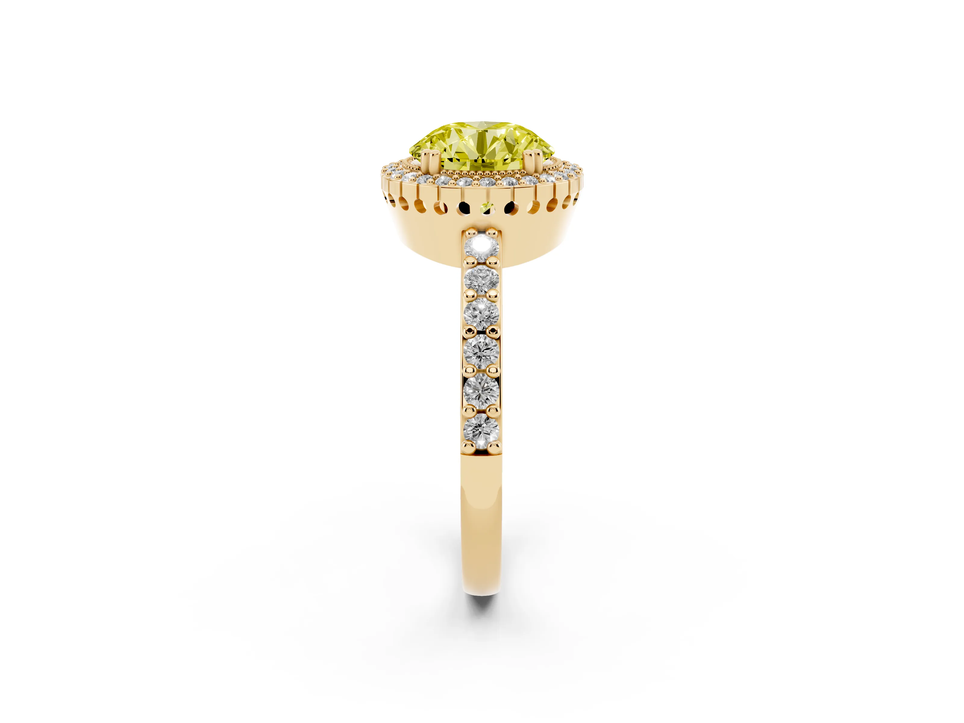 Fancy Yellow Round Cut Diamond Halo Engagement Ring Set in Yellow gold with Milgrain Detail and Pavé Band