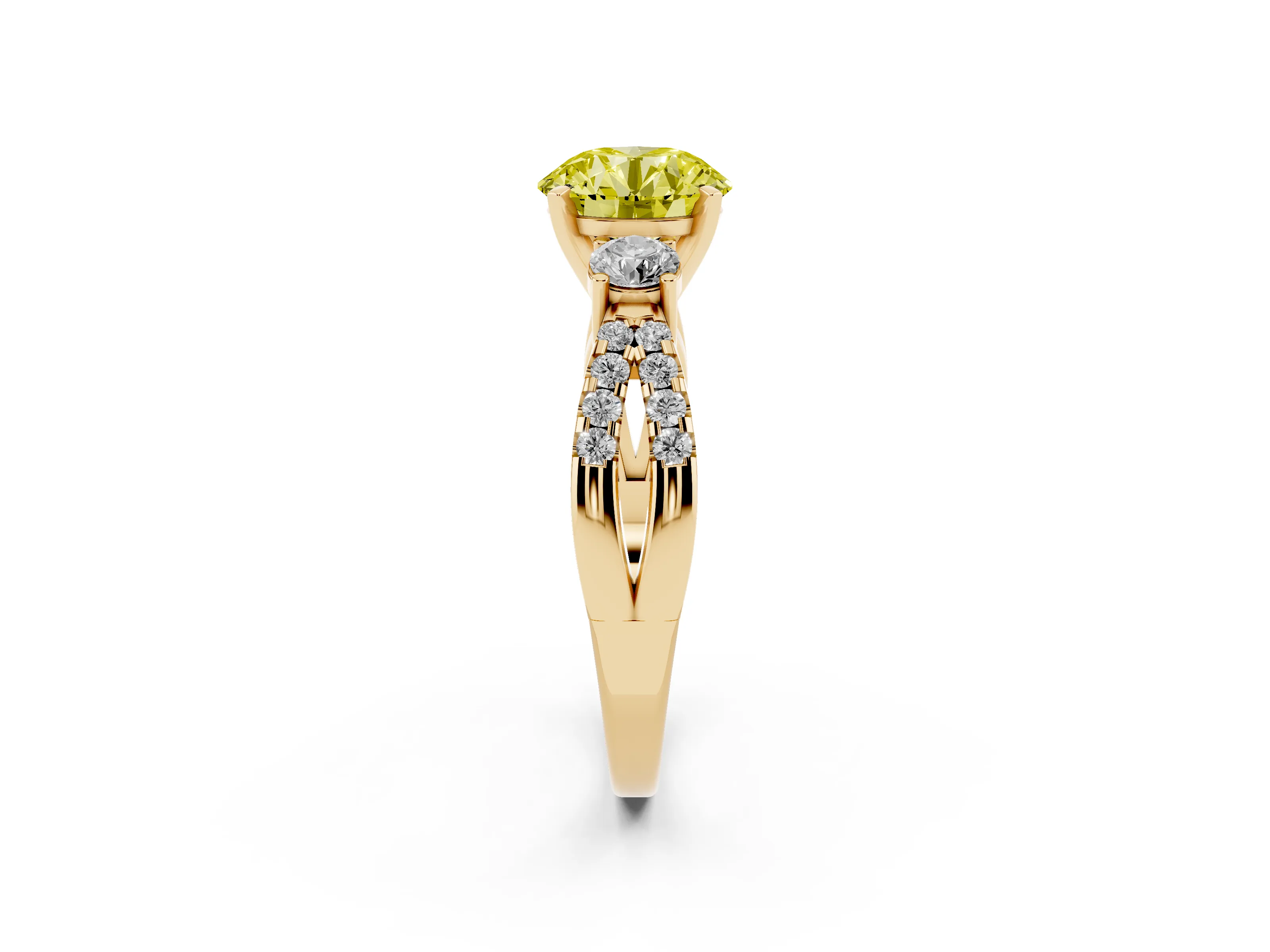 Fancy Yellow Round Cut Diamond Three-Stone Ring Set in Yellow gold with Pavé Split Shank and Prong Setting