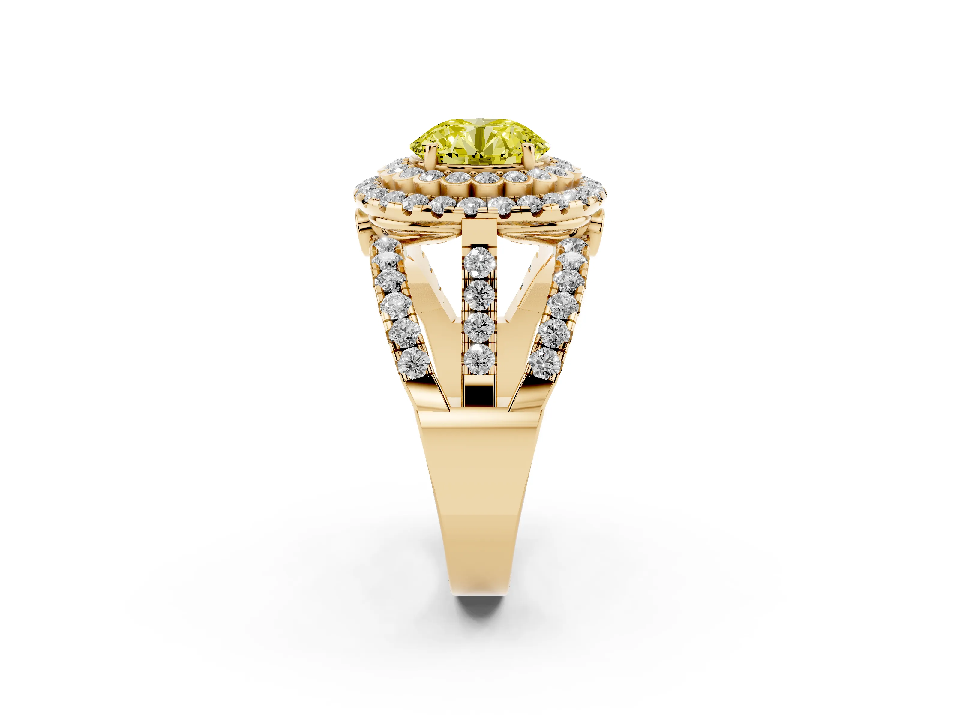 Fancy Yellow Round Cut Diamond Double Halo Ring Set in Yellow gold with Round Pavé Split Shank