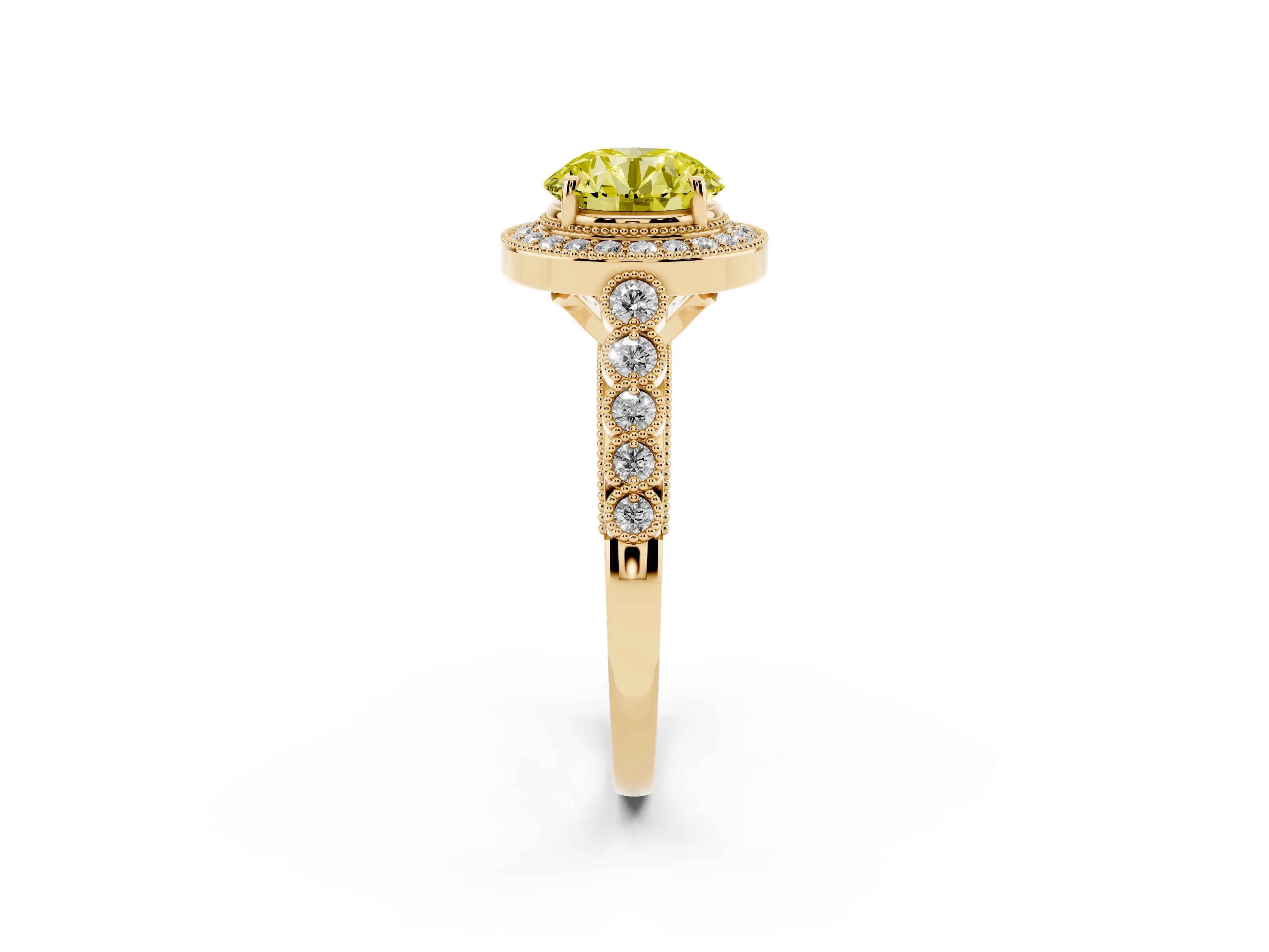 Fancy Yellow Round Cut Diamond Milgrain Halo Solitaire Ring Set in Yellow gold with Bezel Set Side Stones and Pavé Band