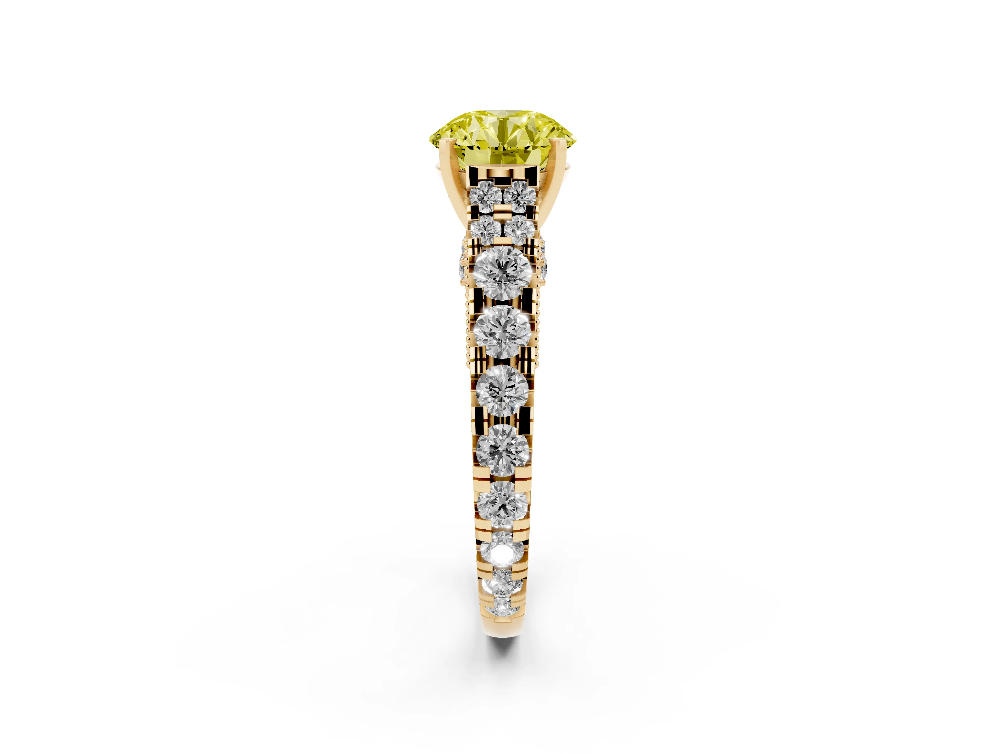 Fancy Yellow Round Cut Diamond Classic Solitaire Ring Set in Yellow gold with Pavé Band and Prong Setting