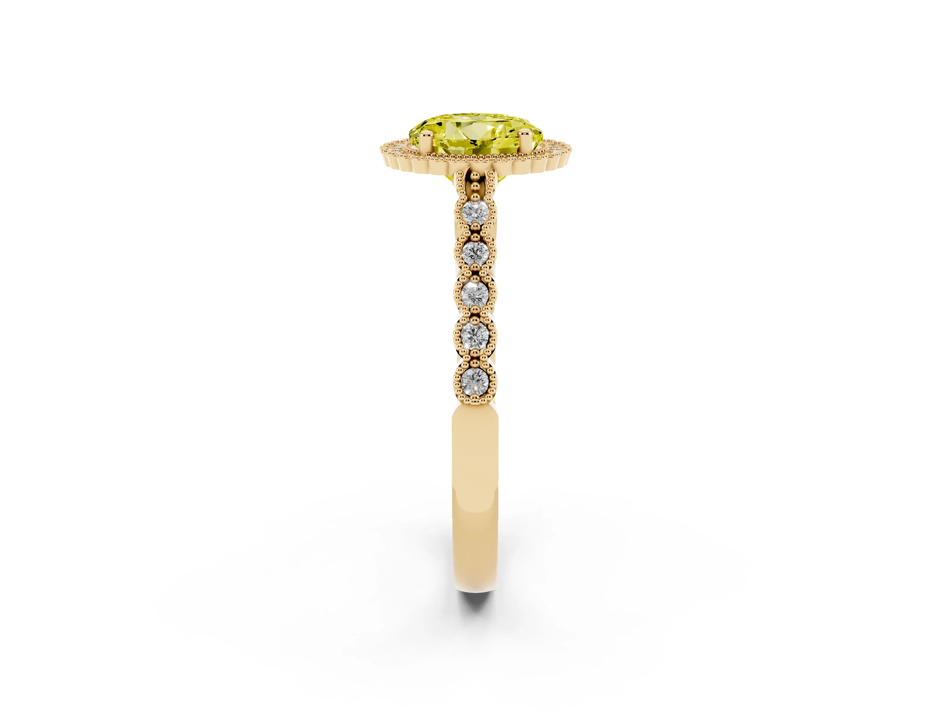 Fancy Yellow Round Cut Diamond Halo Ring Set in Yellow gold with Pavé Milgrain Band