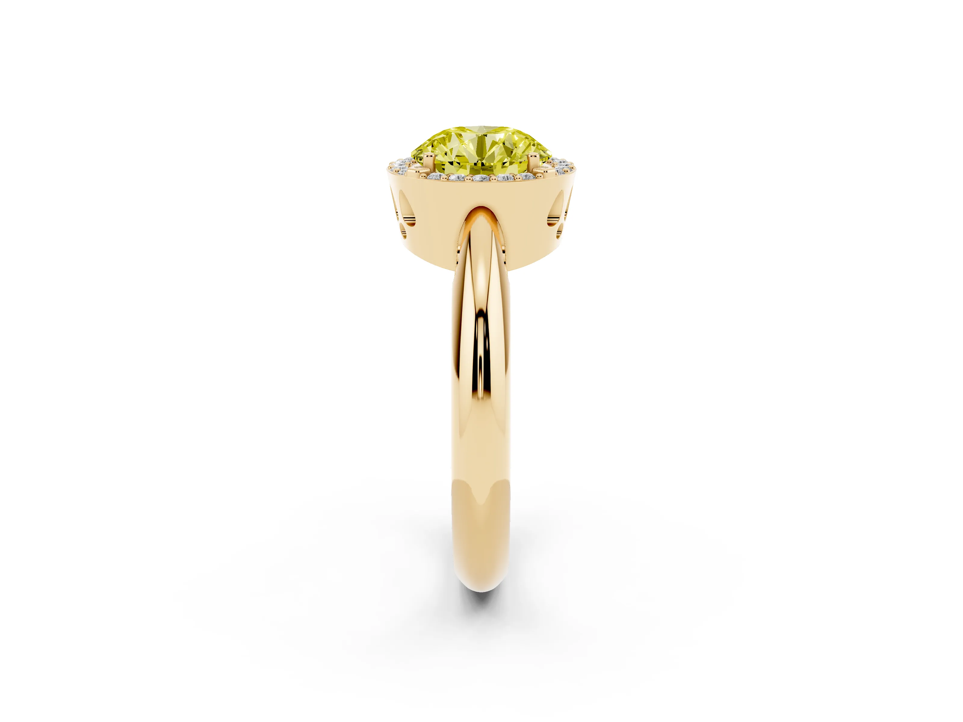 Fancy Yellow Round Cut Diamond Halo Engagement Ring Set in Yellow gold with Plain Split Shank and Prong Setting