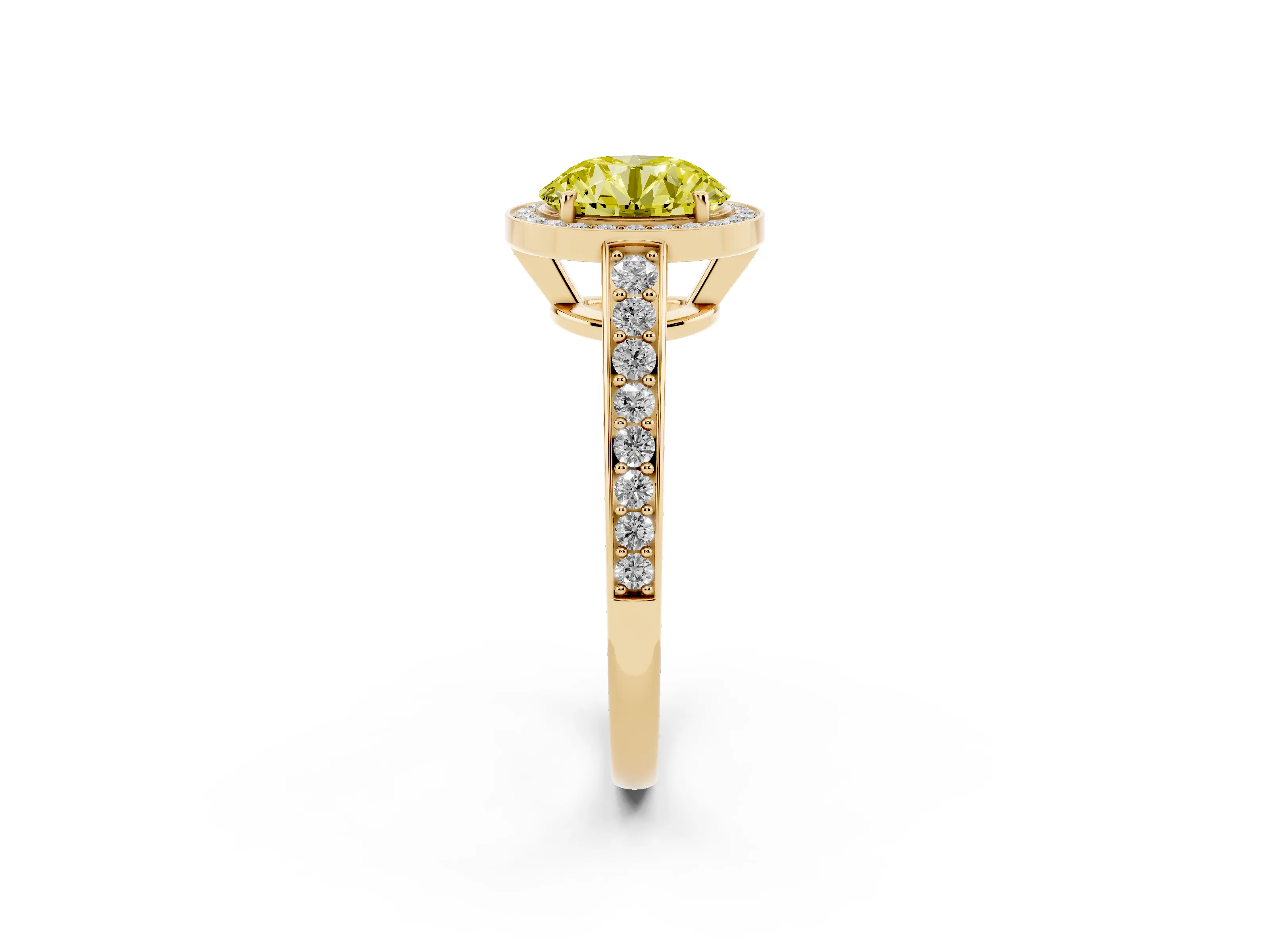 Fancy Yellow Round Cut Diamond Halo Pavé Engagement Ring Set in Yellow gold with Bezel Setting