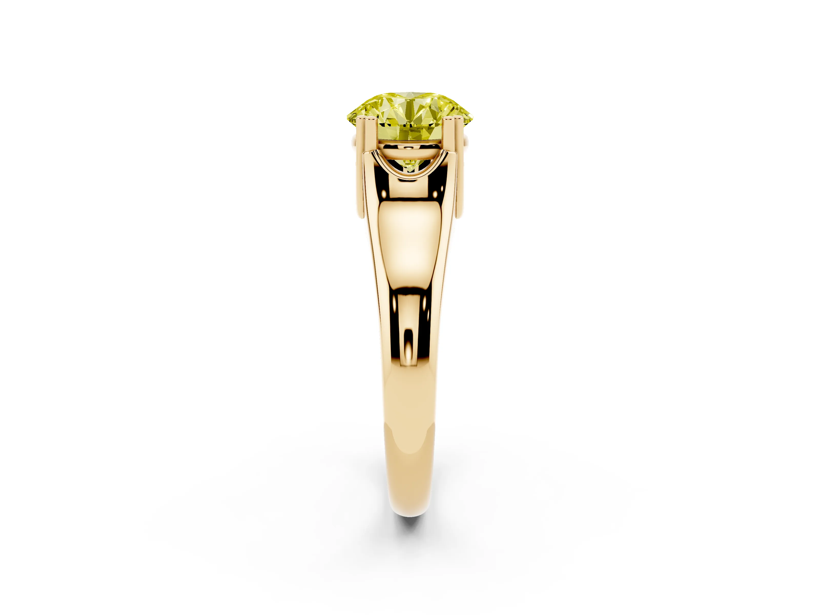 Fancy Yellow Round Cut Diamond Solitaire Ring Set in Yellow gold with Wide Band and Prong Setting