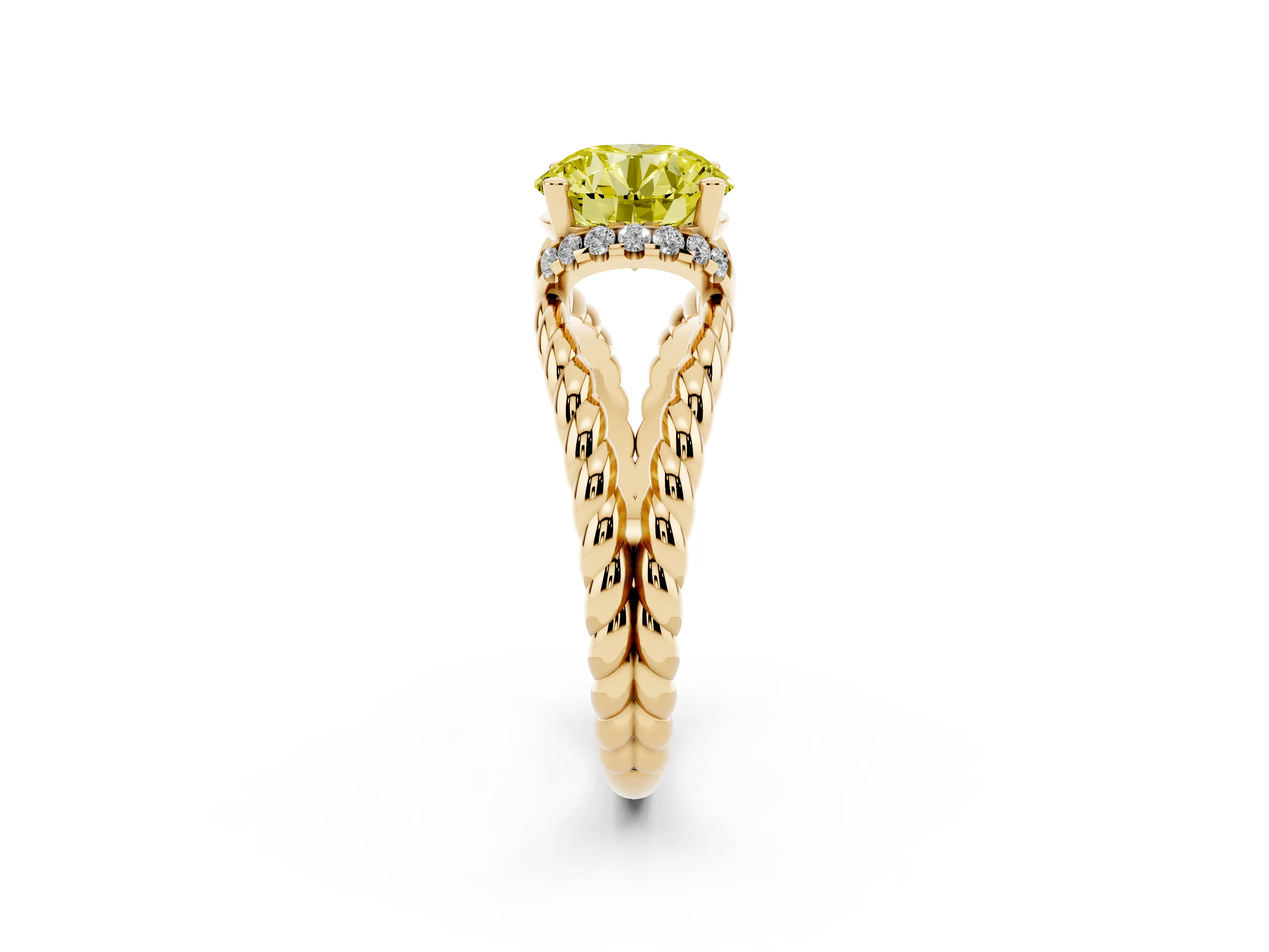 Fancy Yellow Round Cut Diamond Halo Ring Set in Yellow gold with Twisted Band and Prong Setting