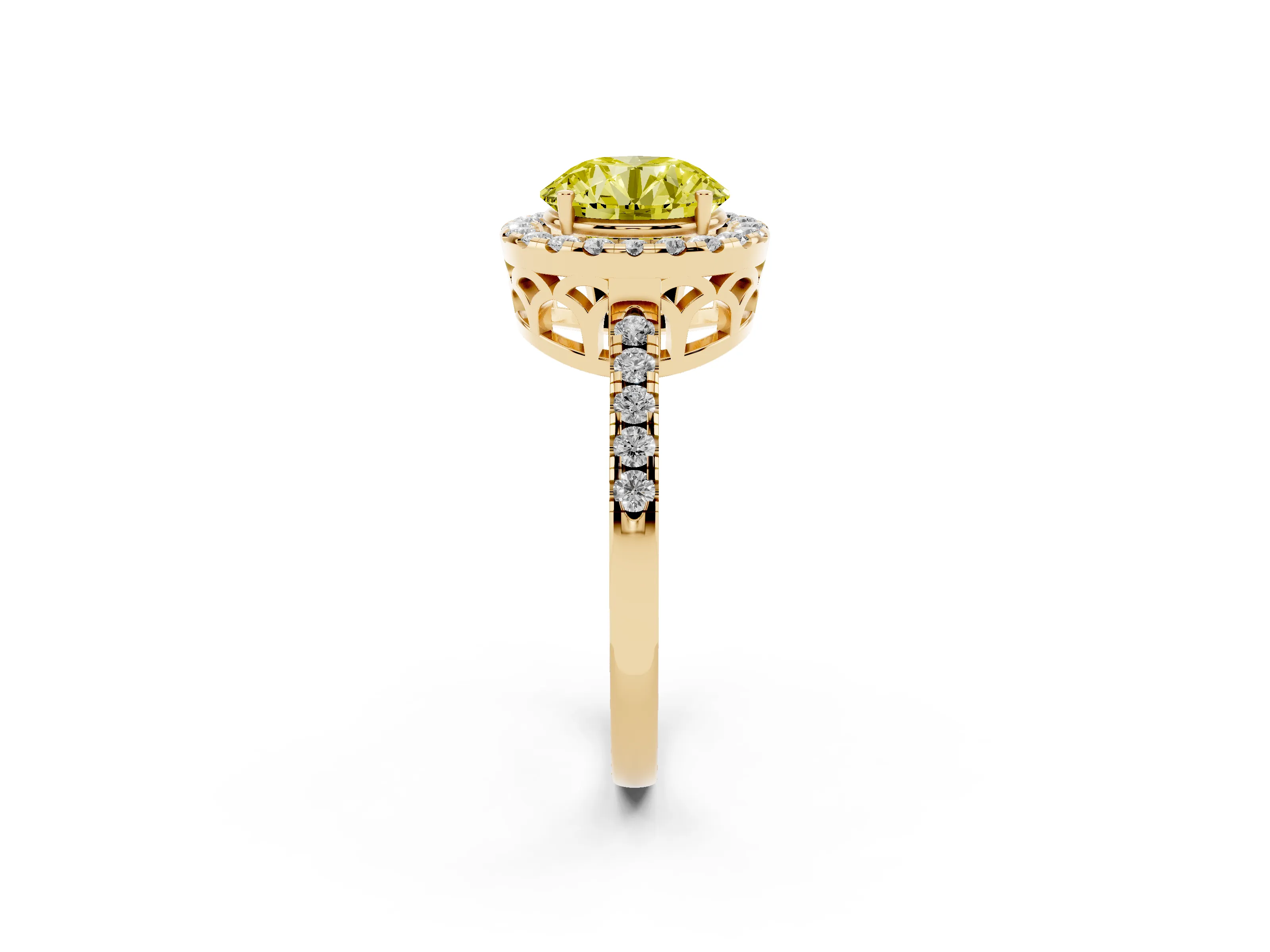 Fancy Yellow Round Cut Diamond Pavé Band Halo Engagement Ring Set in Yellow gold with Prong Setting