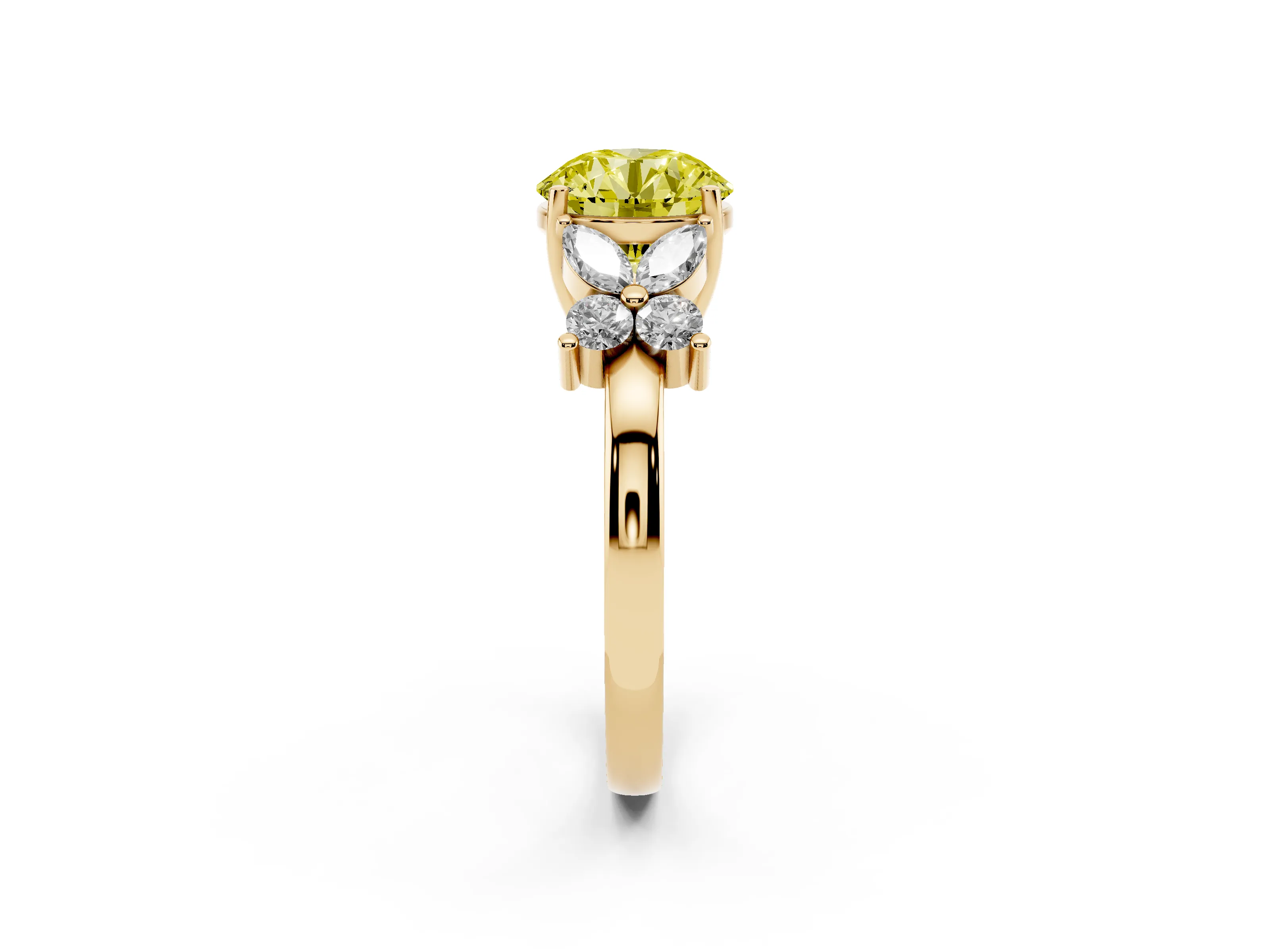 Fancy Yellow Round Cut Diamond Floral Cluster Ring Set in Yellow gold with Marquise Petals and Prong Setting